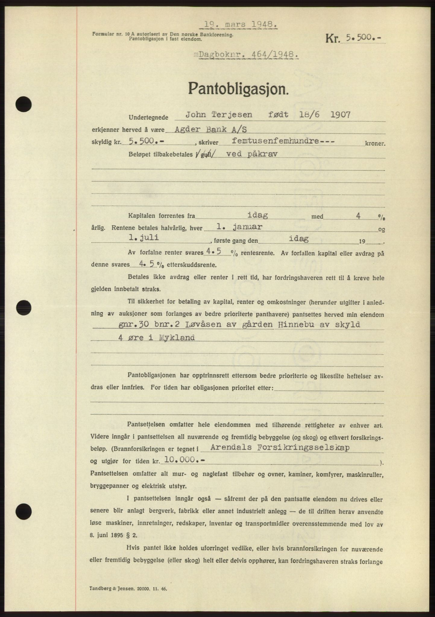 Nedenes sorenskriveri, AV/SAK-1221-0006/G/Gb/Gbb/L0005: Pantebok nr. B5, 1948-1948, Dagboknr: 464/1948