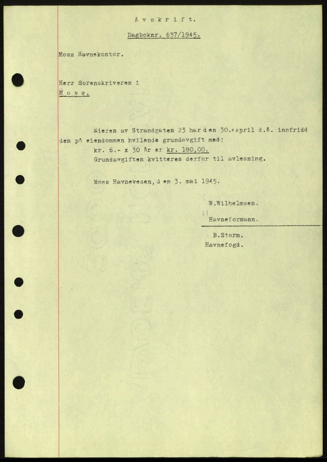 Moss sorenskriveri, SAO/A-10168: Pantebok nr. B13, 1943-1945, Dagboknr: 637/1945