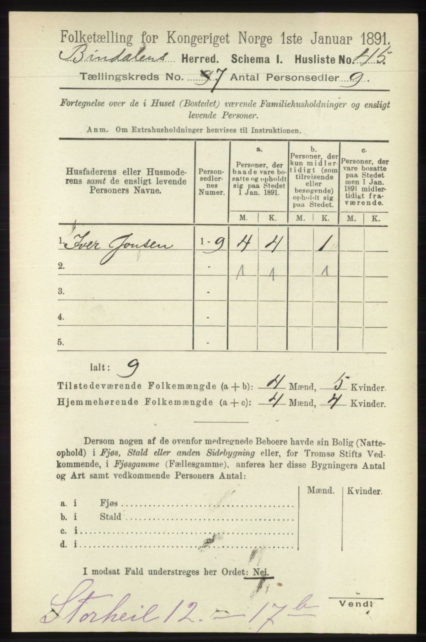 RA, Folketelling 1891 for 1811 Bindal herred, 1891, s. 2240