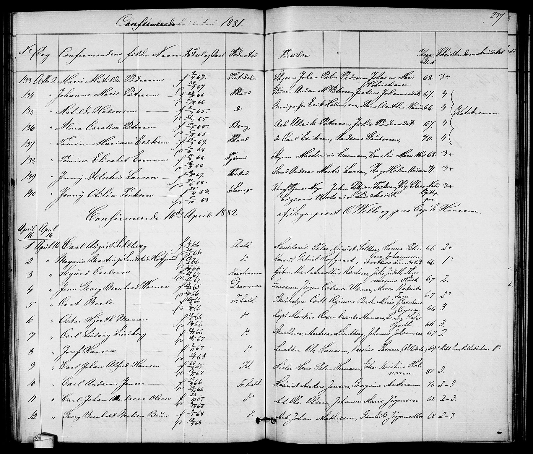 Halden prestekontor Kirkebøker, SAO/A-10909/G/Ga/L0007: Klokkerbok nr. 7, 1869-1884, s. 237