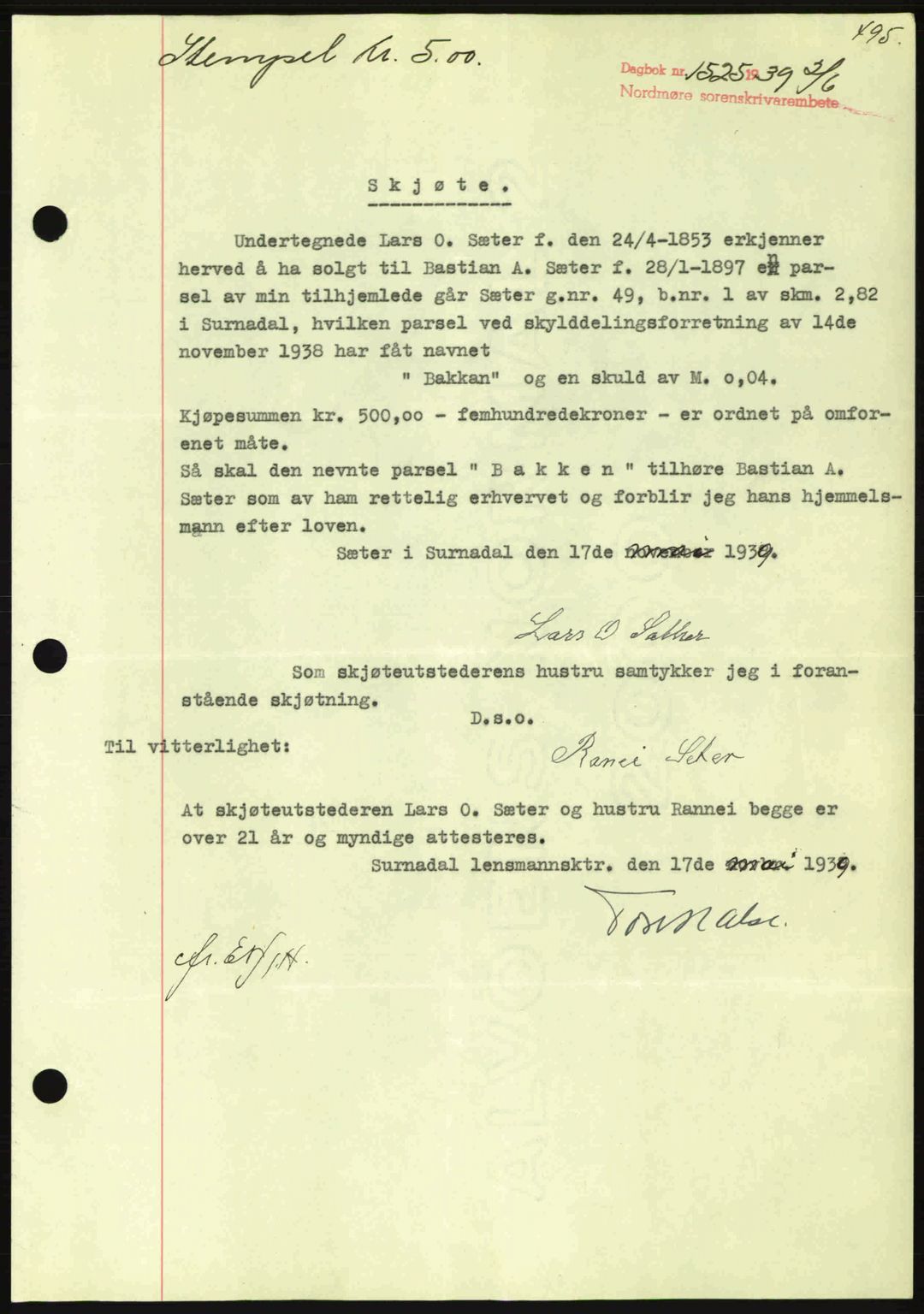 Nordmøre sorenskriveri, SAT/A-4132/1/2/2Ca: Pantebok nr. A86, 1939-1939, Dagboknr: 1525/1939