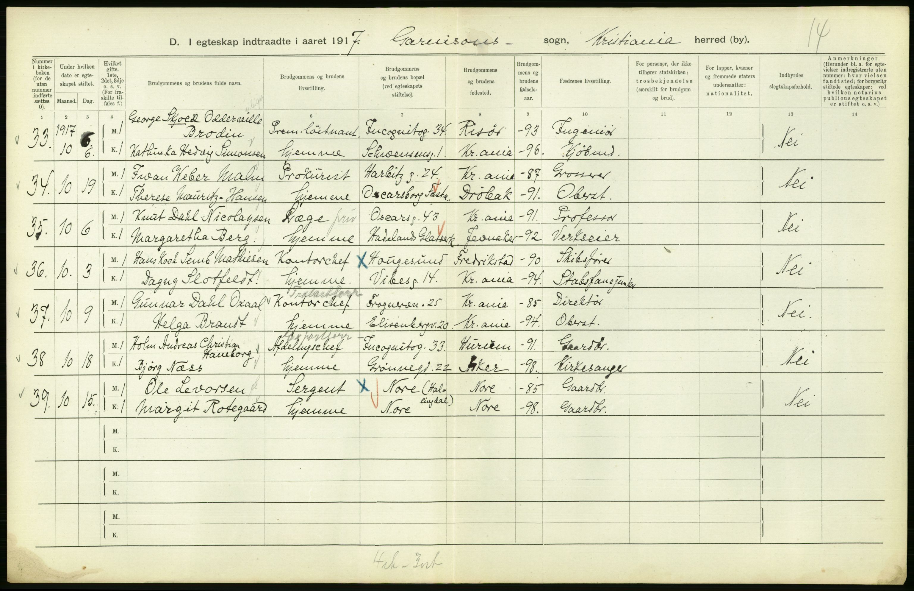 Statistisk sentralbyrå, Sosiodemografiske emner, Befolkning, AV/RA-S-2228/D/Df/Dfb/Dfbg/L0009: Kristiania: Gifte, 1917, s. 308