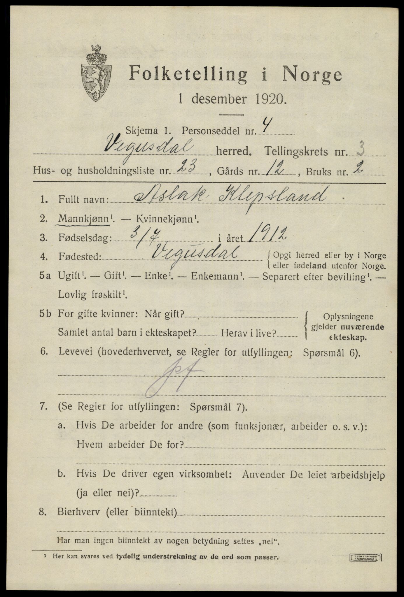 SAK, Folketelling 1920 for 0934 Vegusdal herred, 1920, s. 1051