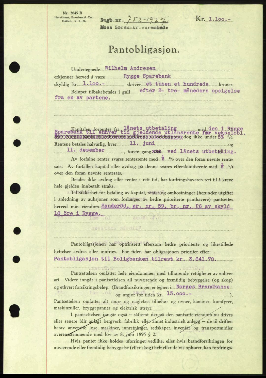 Moss sorenskriveri, SAO/A-10168: Pantebok nr. B3, 1937-1937, Dagboknr: 752/1937
