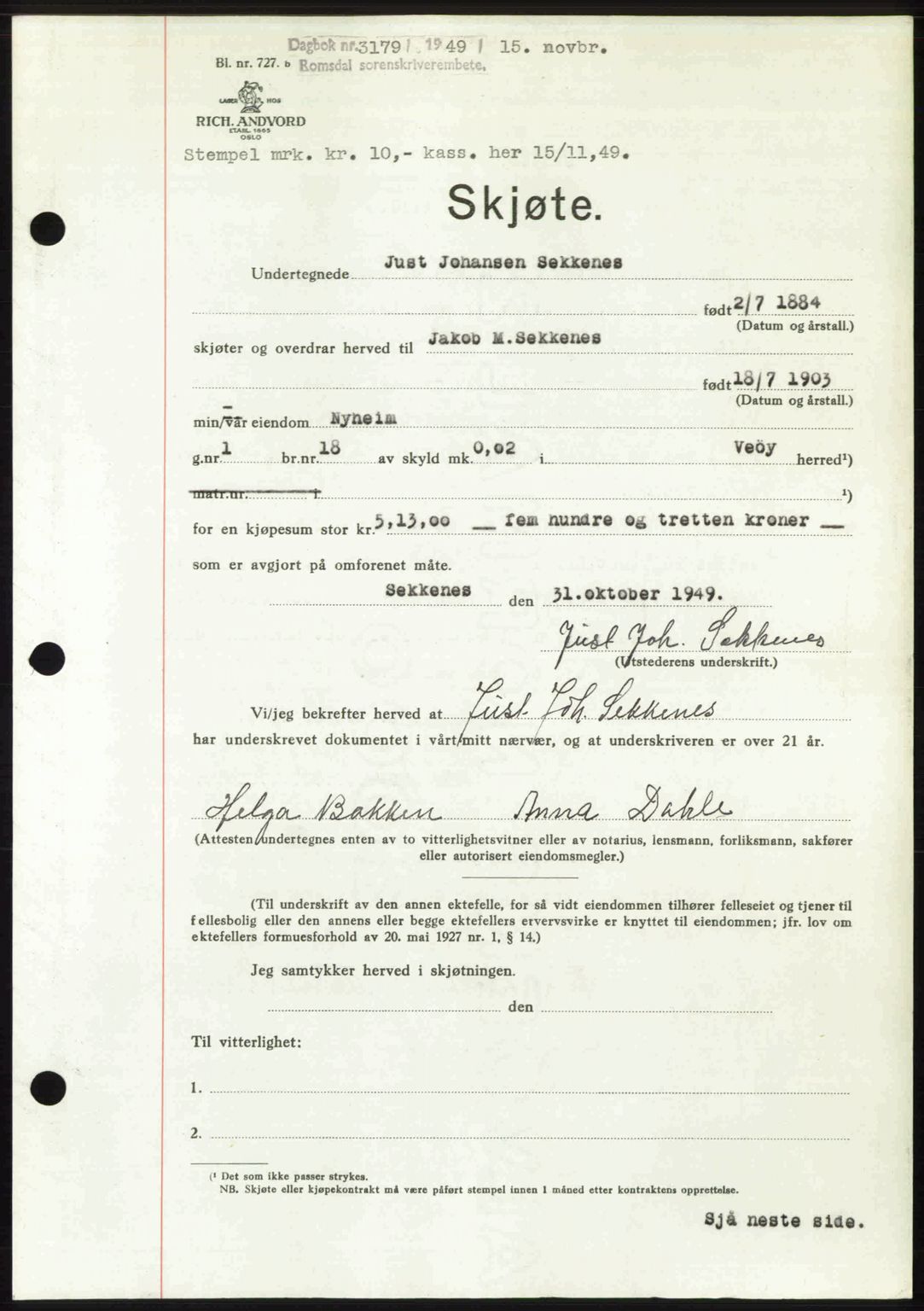 Romsdal sorenskriveri, SAT/A-4149/1/2/2C: Pantebok nr. A31, 1949-1949, Dagboknr: 3179/1949