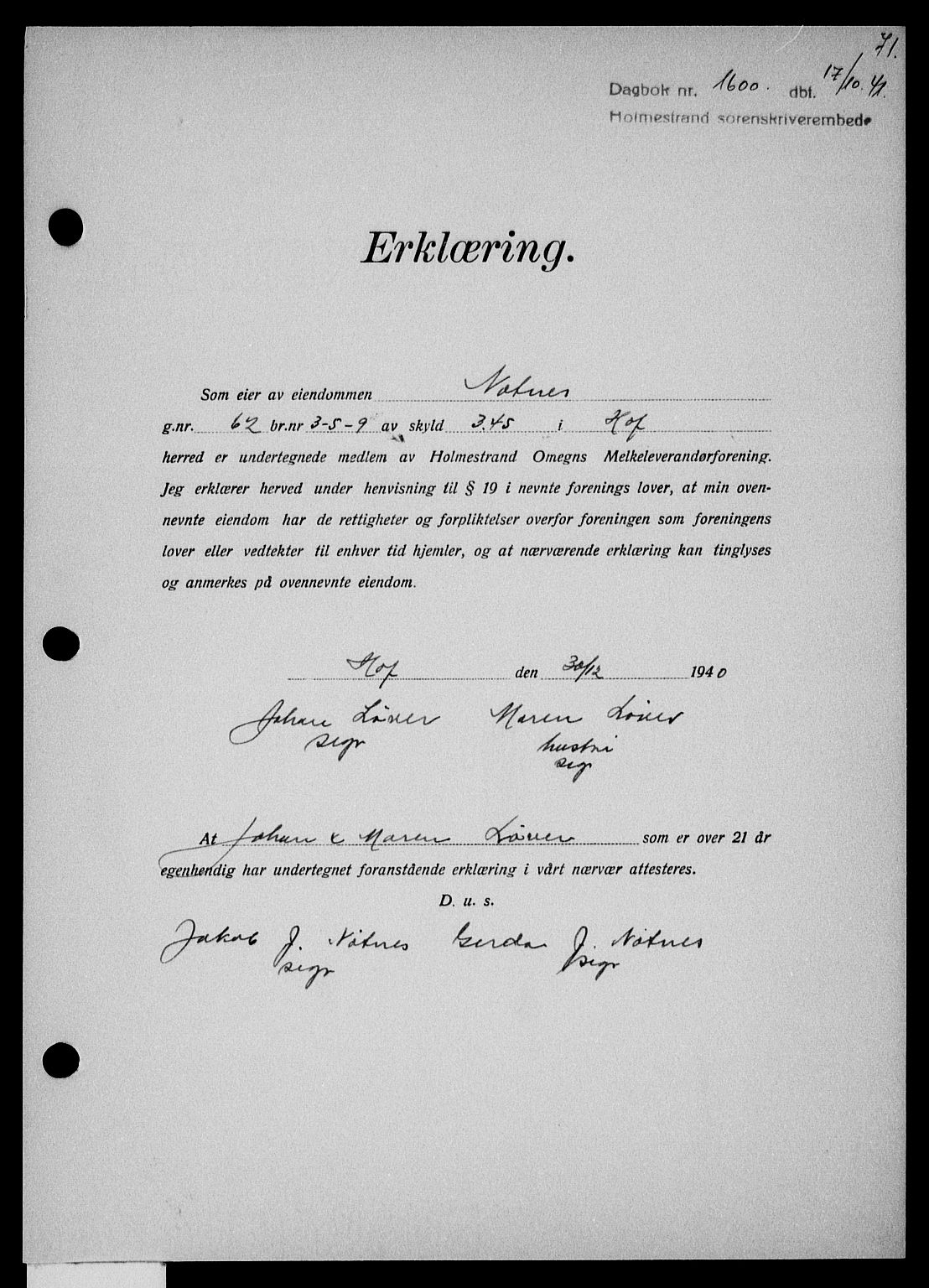 Holmestrand sorenskriveri, SAKO/A-67/G/Ga/Gaa/L0054: Pantebok nr. A-54, 1941-1942, Dagboknr: 1600/1941