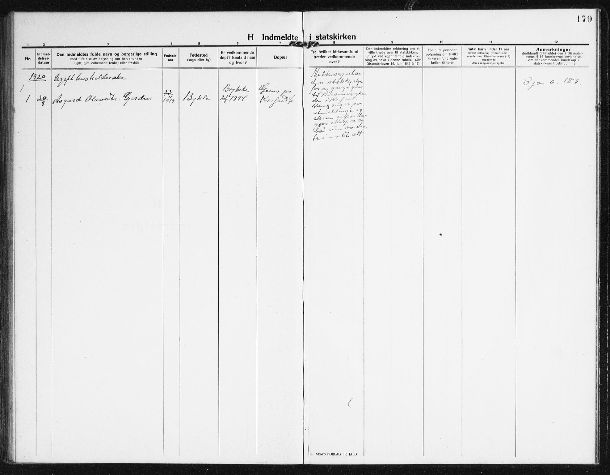 Valle sokneprestkontor, SAK/1111-0044/F/Fb/Fba/L0004: Klokkerbok nr. B 4, 1917-1944, s. 179