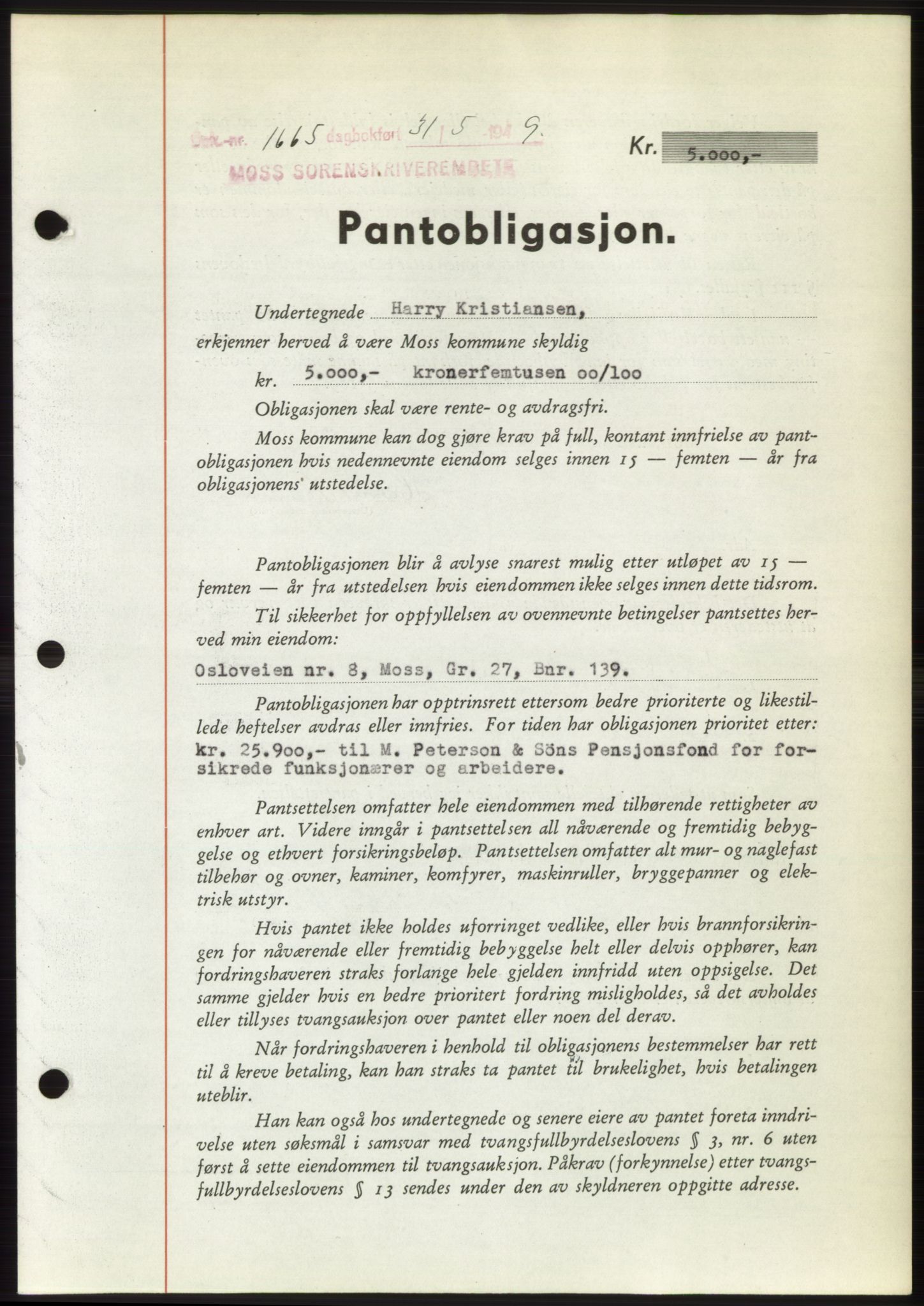 Moss sorenskriveri, SAO/A-10168: Pantebok nr. B22, 1949-1949, Dagboknr: 1665/1949