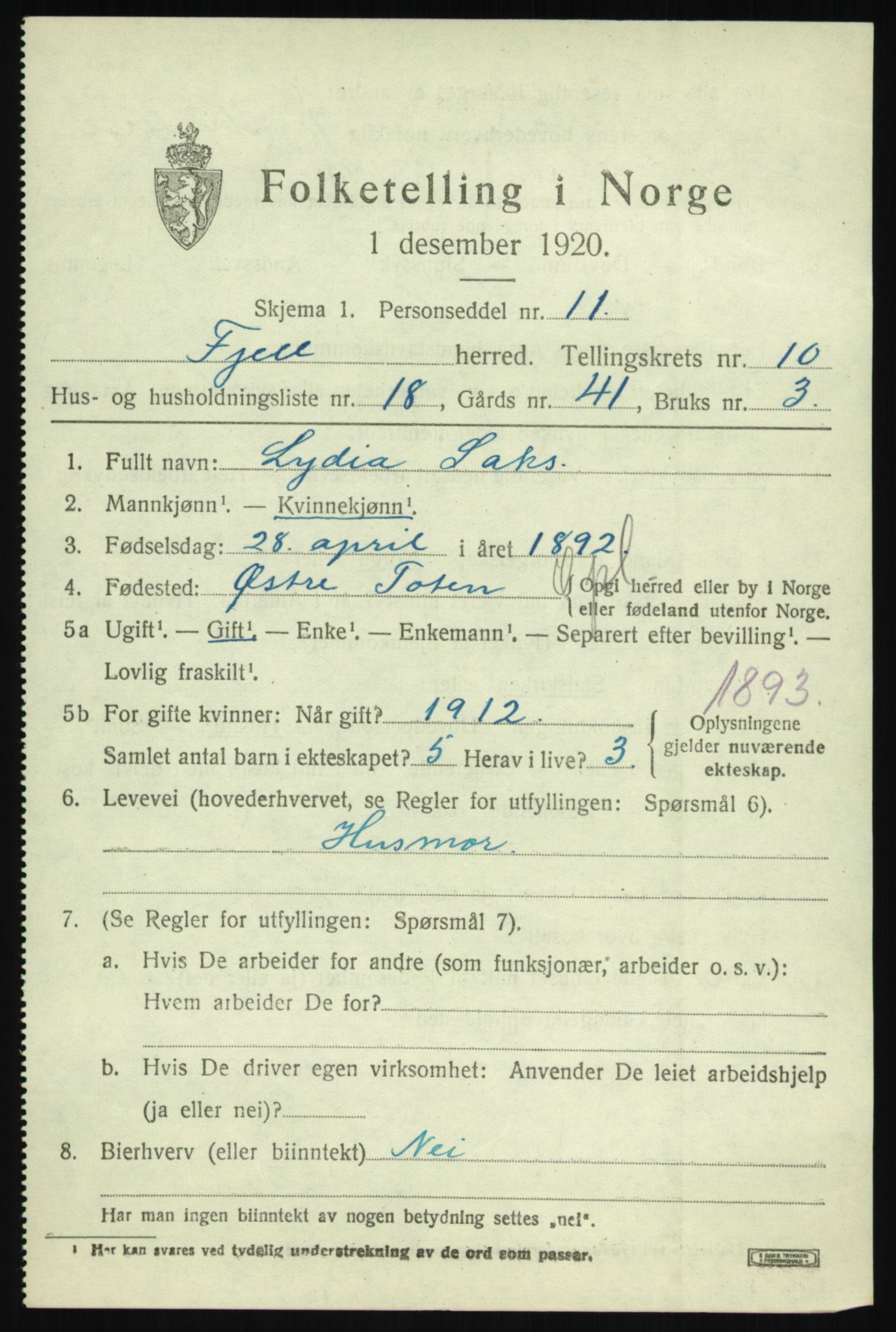 SAB, Folketelling 1920 for 1246 Fjell herred, 1920, s. 9286