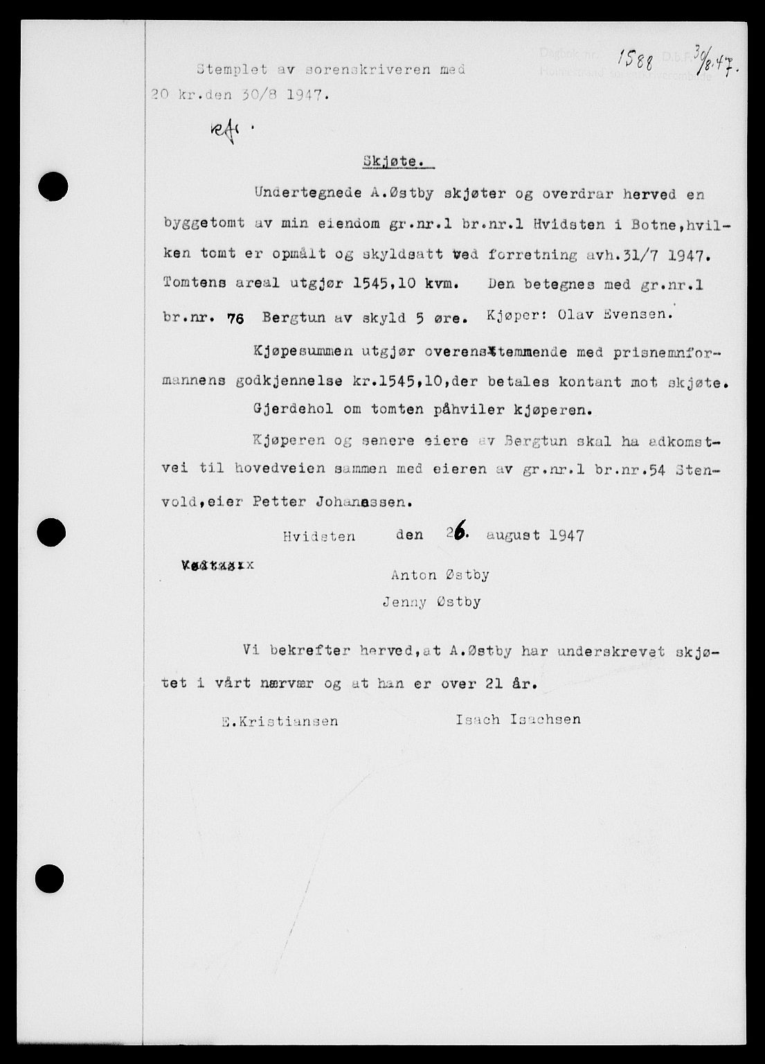 Holmestrand sorenskriveri, SAKO/A-67/G/Ga/Gaa/L0062: Pantebok nr. A-62, 1947-1947, Dagboknr: 1588/1947