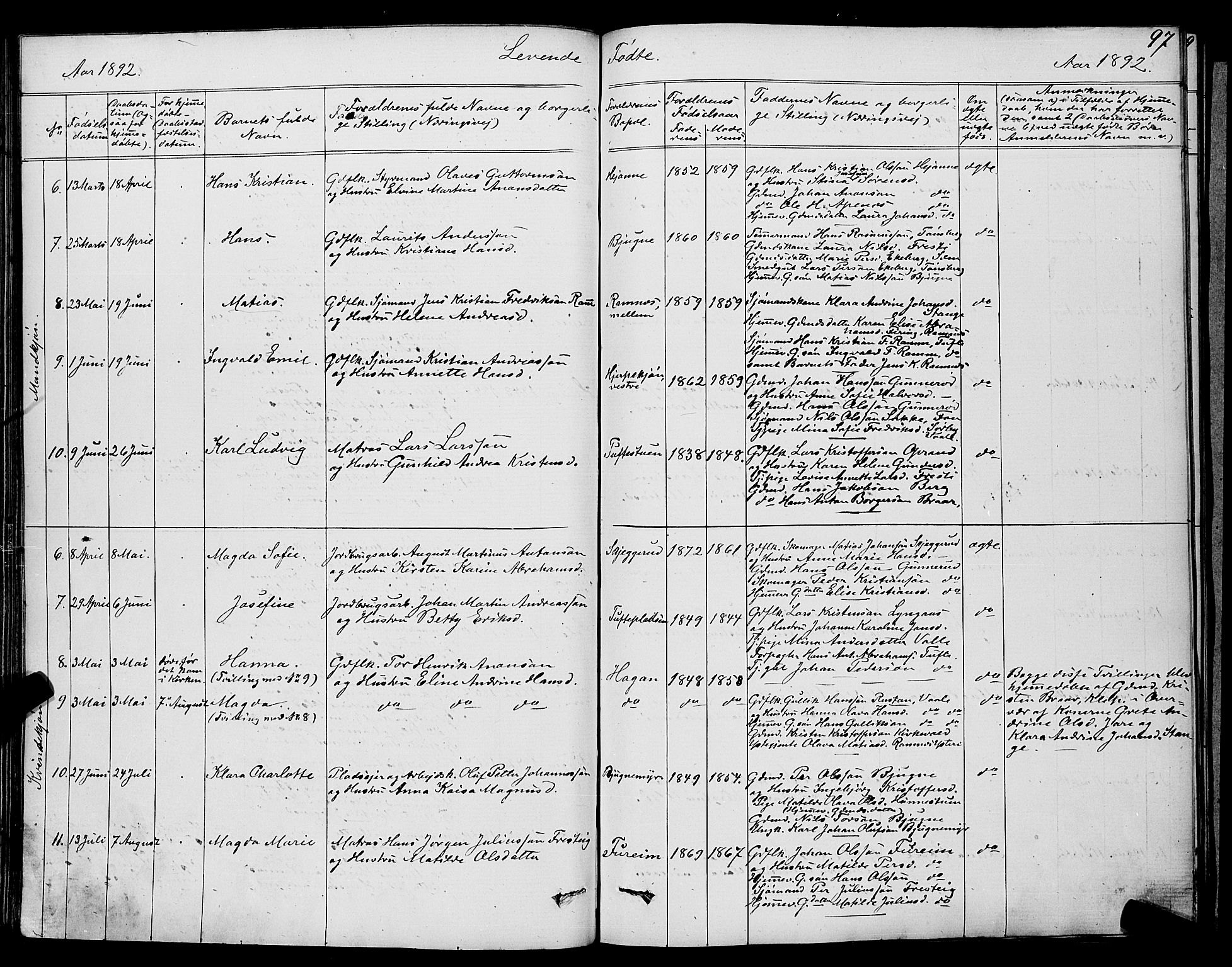 Ramnes kirkebøker, AV/SAKO-A-314/G/Ga/L0003: Klokkerbok nr. I 3, 1870-1896, s. 97