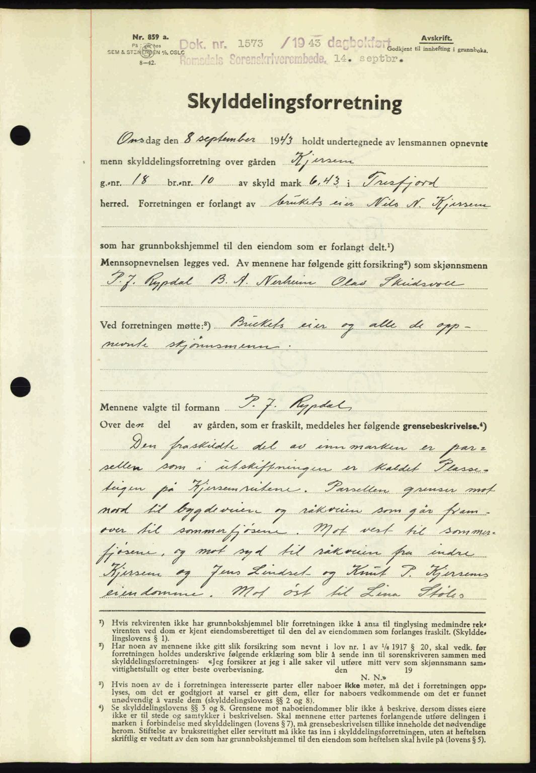 Romsdal sorenskriveri, SAT/A-4149/1/2/2C: Pantebok nr. A14, 1943-1943, Dagboknr: 1573/1943