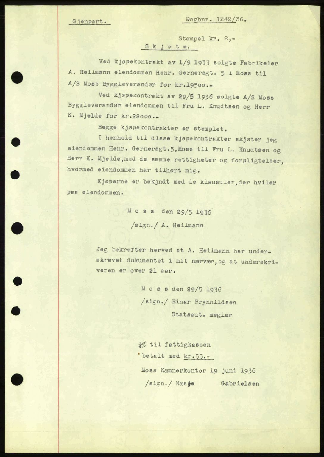 Moss sorenskriveri, SAO/A-10168: Pantebok nr. A1, 1936-1936, Dagboknr: 1242/1936