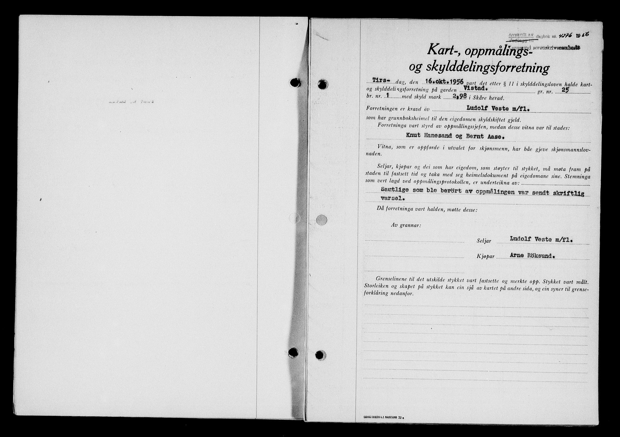 Karmsund sorenskriveri, SAST/A-100311/01/II/IIB/L0122: Pantebok nr. 102A, 1956-1956, Dagboknr: 4276/1956
