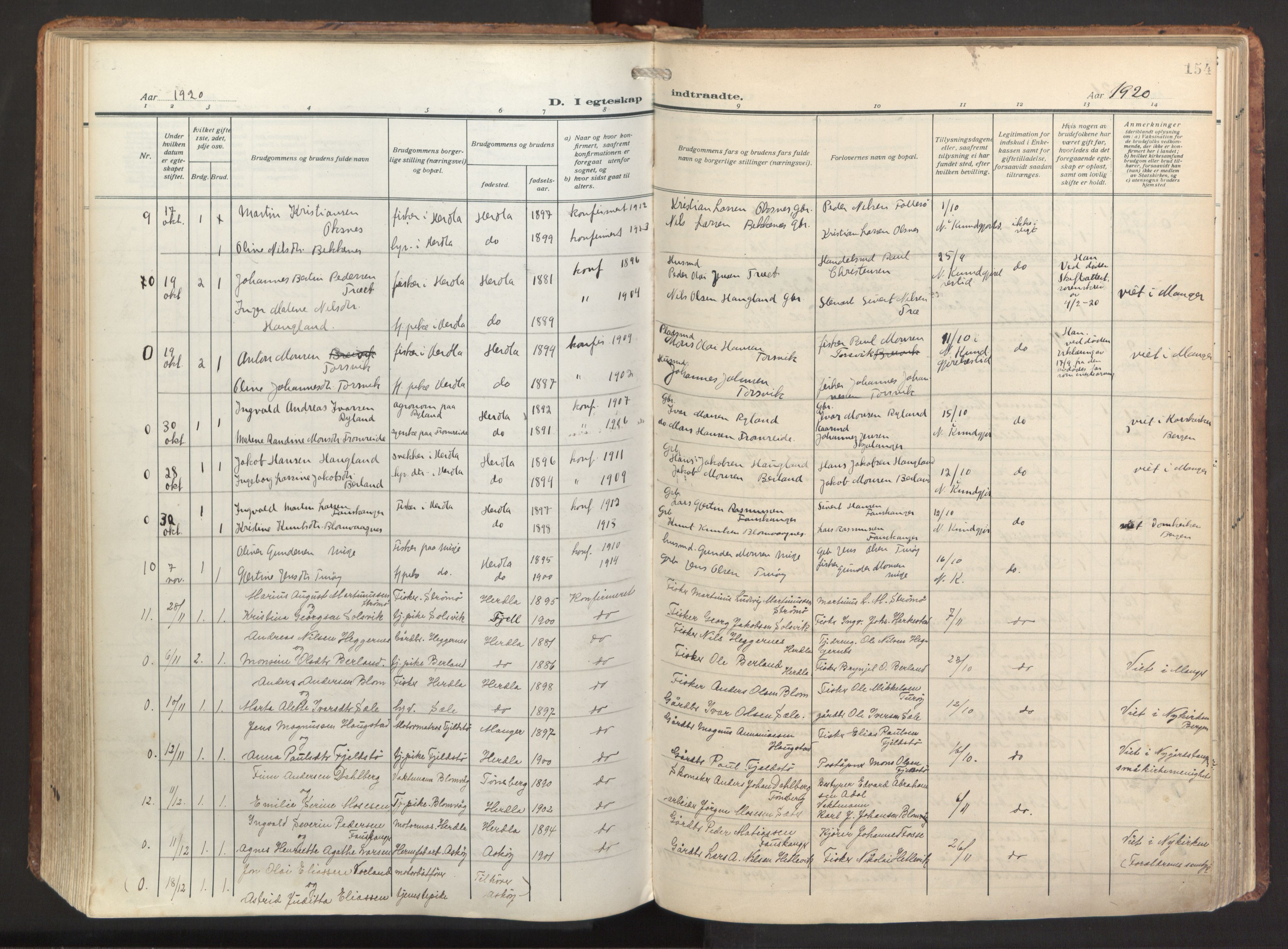 Herdla Sokneprestembete, AV/SAB-A-75701/H/Haa: Ministerialbok nr. A 6, 1918-1933, s. 154