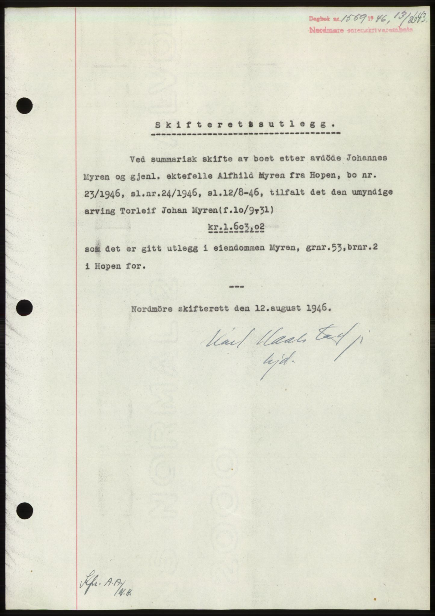 Nordmøre sorenskriveri, SAT/A-4132/1/2/2Ca: Pantebok nr. B94, 1946-1946, Dagboknr: 1559/1946
