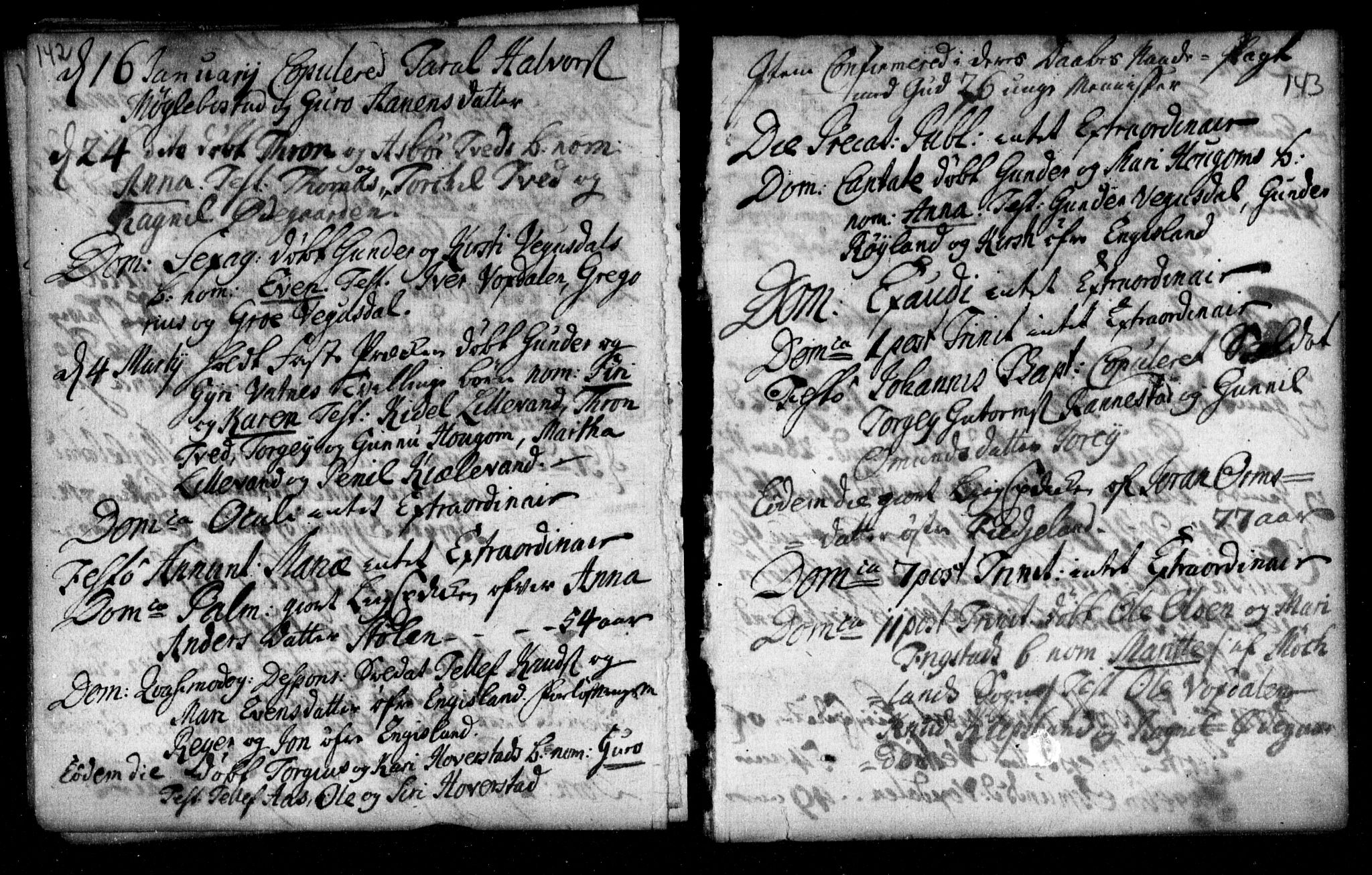 Herefoss sokneprestkontor, AV/SAK-1111-0019/F/Fa/Fab/L0001: Ministerialbok nr. A 1, 1704-1779, s. 142-143