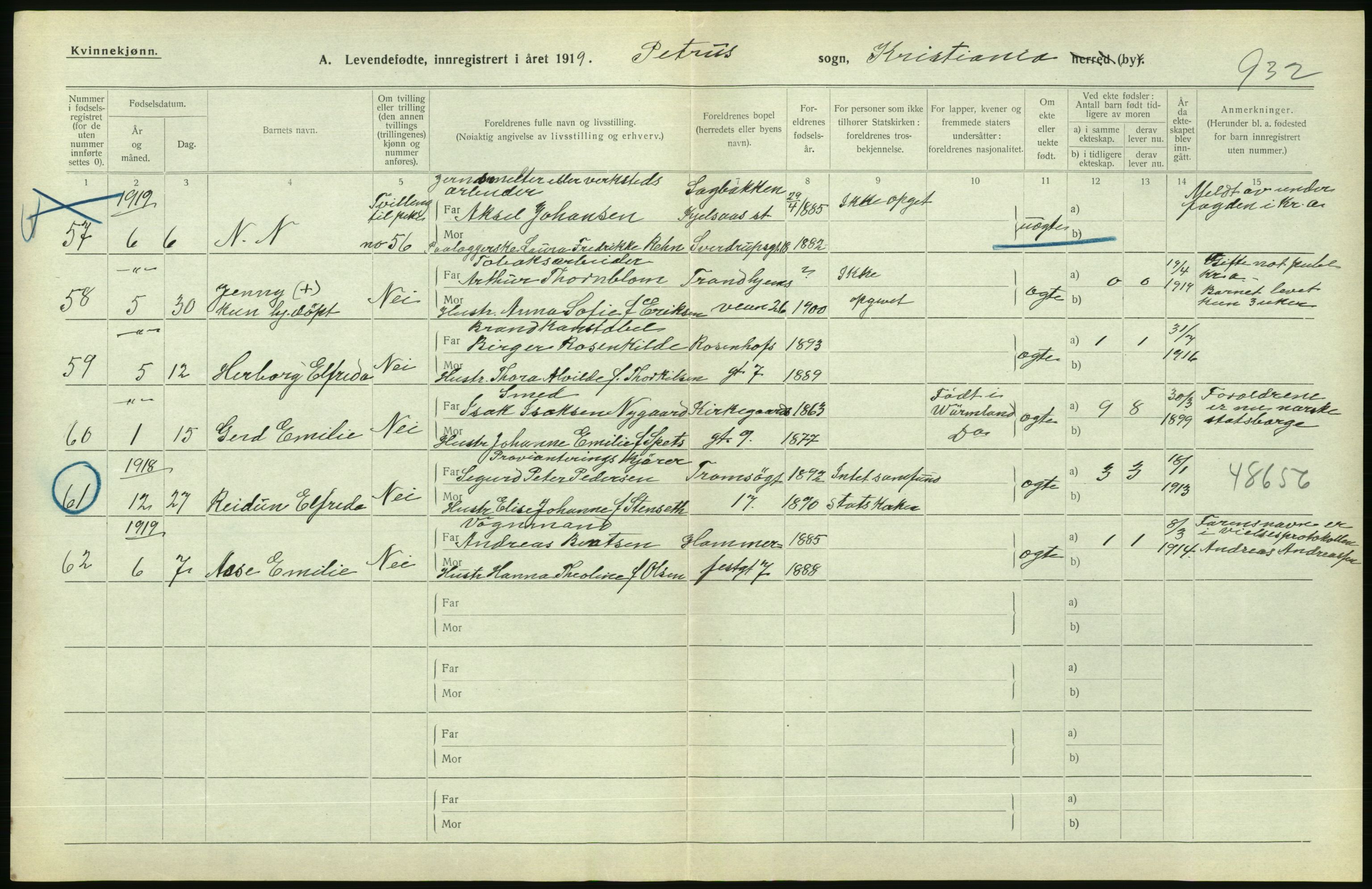 Statistisk sentralbyrå, Sosiodemografiske emner, Befolkning, AV/RA-S-2228/D/Df/Dfb/Dfbi/L0008: Kristiania: Levendefødte menn og kvinner., 1919