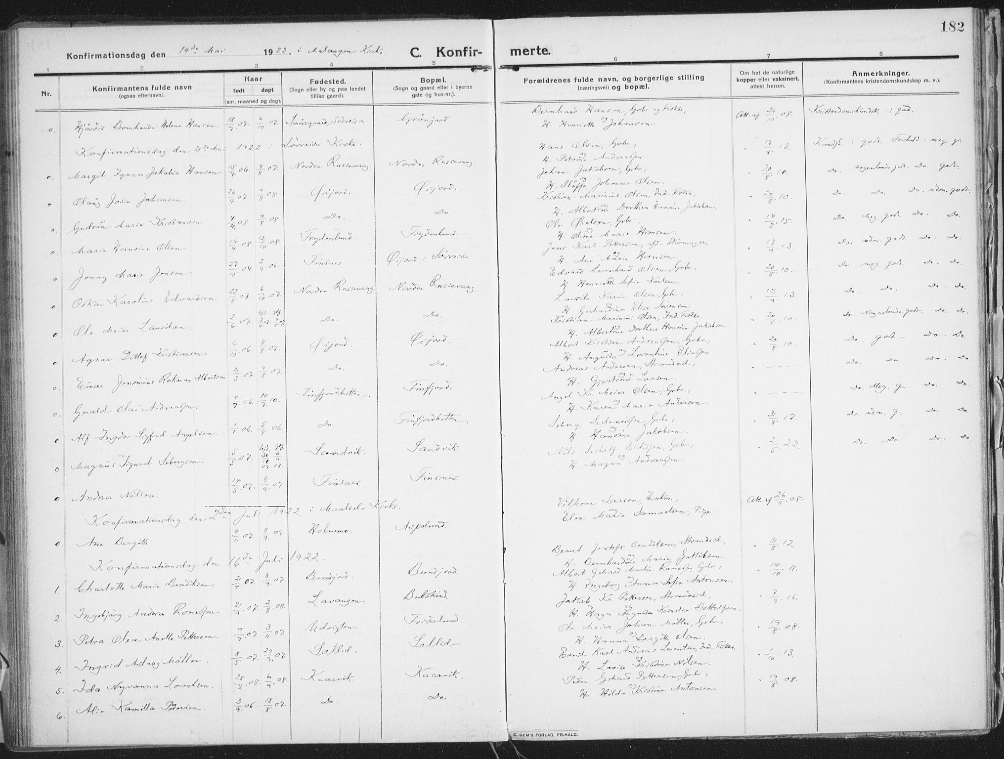 Lenvik sokneprestembete, SATØ/S-1310/H/Ha/Haa/L0016kirke: Ministerialbok nr. 16, 1910-1924, s. 182