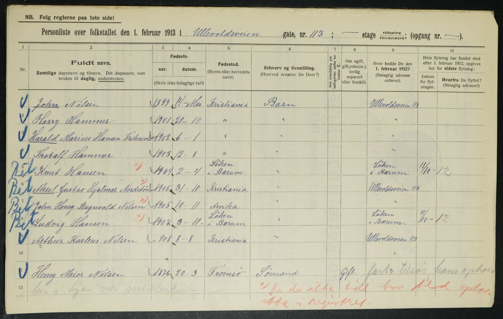 OBA, Kommunal folketelling 1.2.1913 for Kristiania, 1913, s. 119664