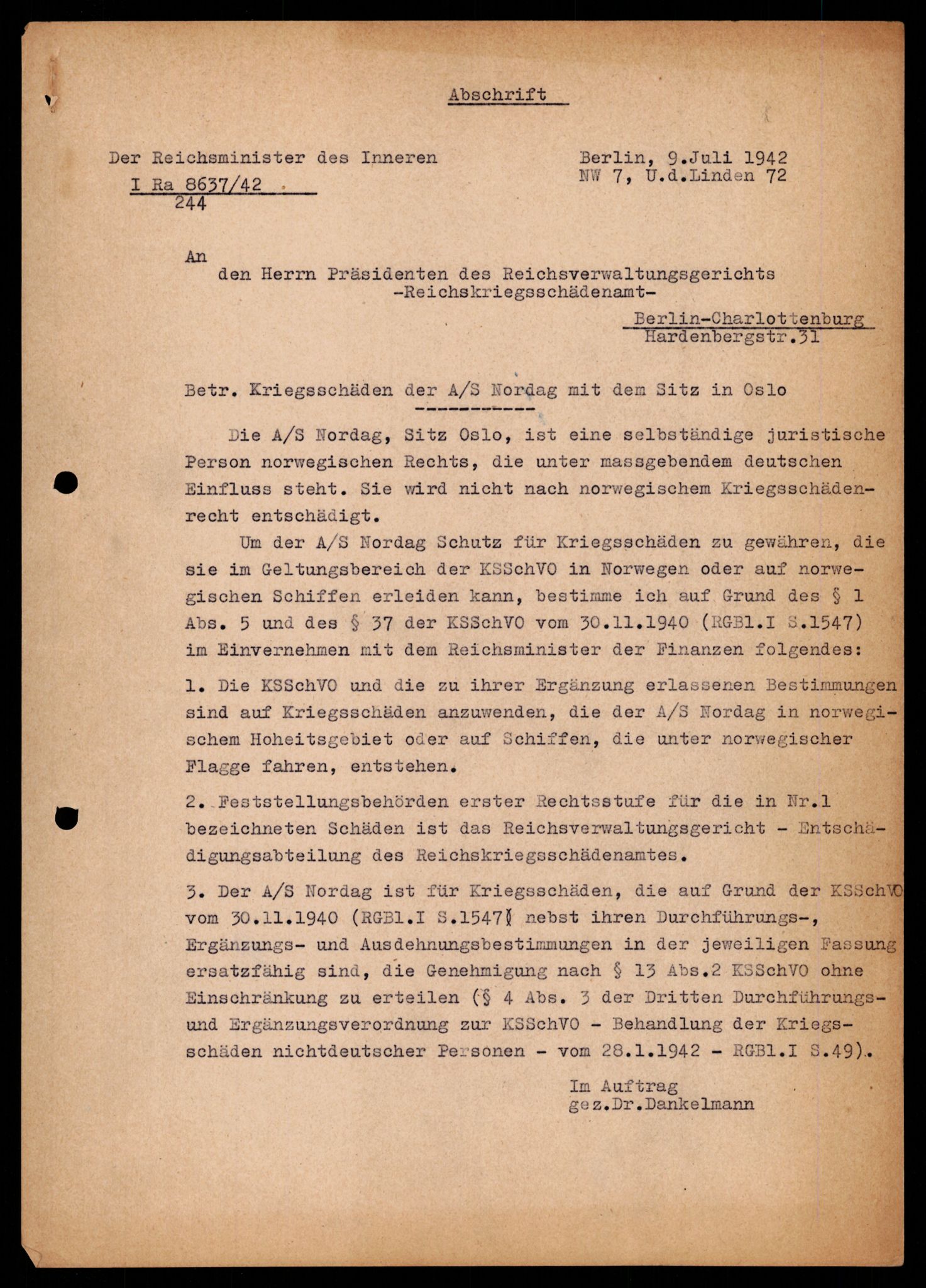 Forsvarets Overkommando. 2 kontor. Arkiv 11.4. Spredte tyske arkivsaker, AV/RA-RAFA-7031/D/Dar/Darb/L0003: Reichskommissariat - Hauptabteilung Vervaltung, 1940-1945, s. 170