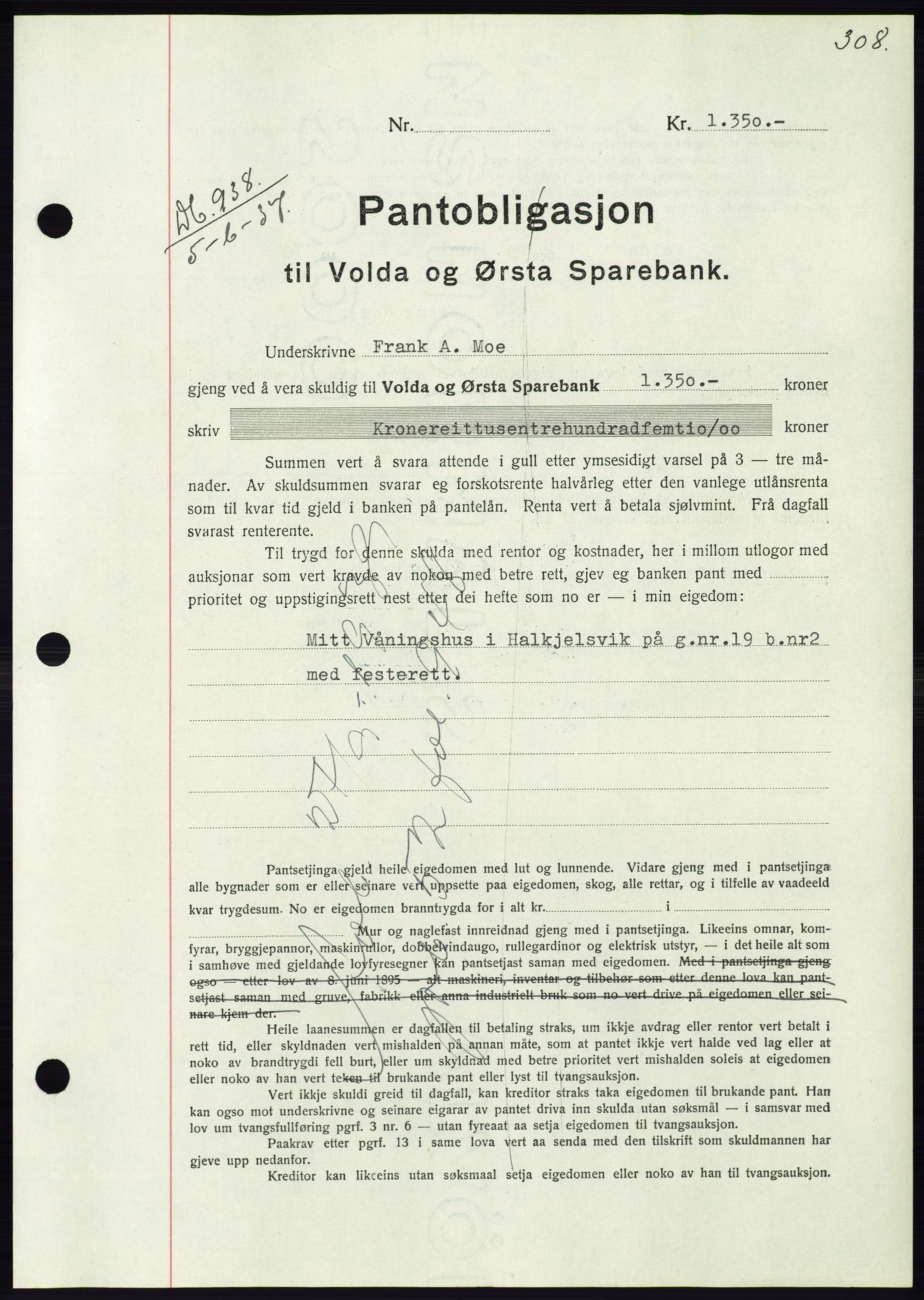 Søre Sunnmøre sorenskriveri, AV/SAT-A-4122/1/2/2C/L0063: Pantebok nr. 57, 1937-1937, Dagboknr: 938/1937