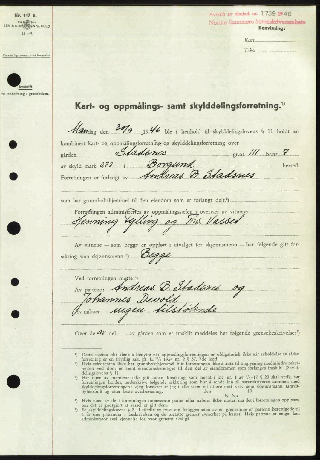 Nordre Sunnmøre sorenskriveri, SAT/A-0006/1/2/2C/2Ca: Pantebok nr. A22, 1946-1946, Dagboknr: 1739/1946