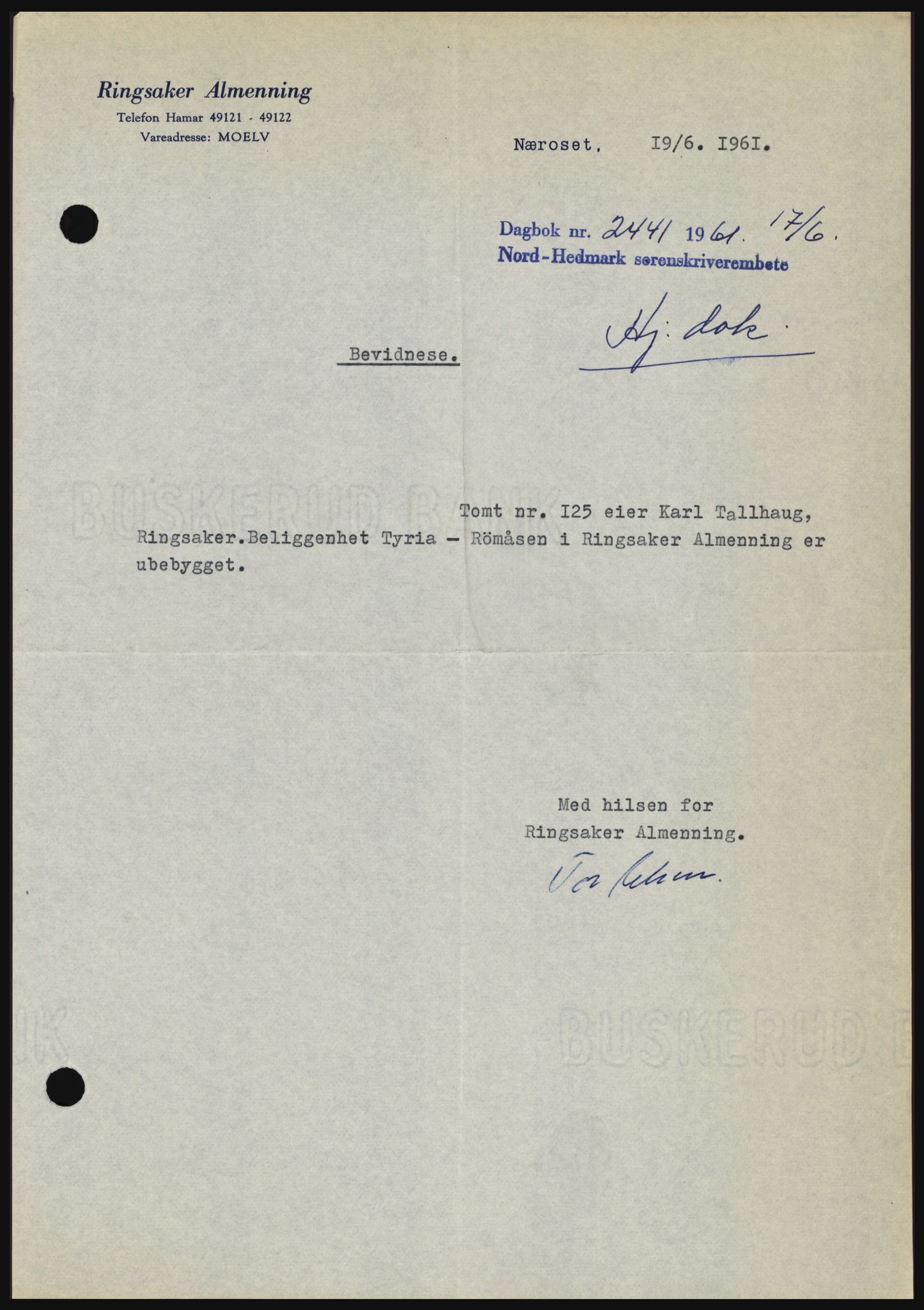 Nord-Hedmark sorenskriveri, SAH/TING-012/H/Hc/L0015: Pantebok nr. 15, 1961-1961, Dagboknr: 2441/1961