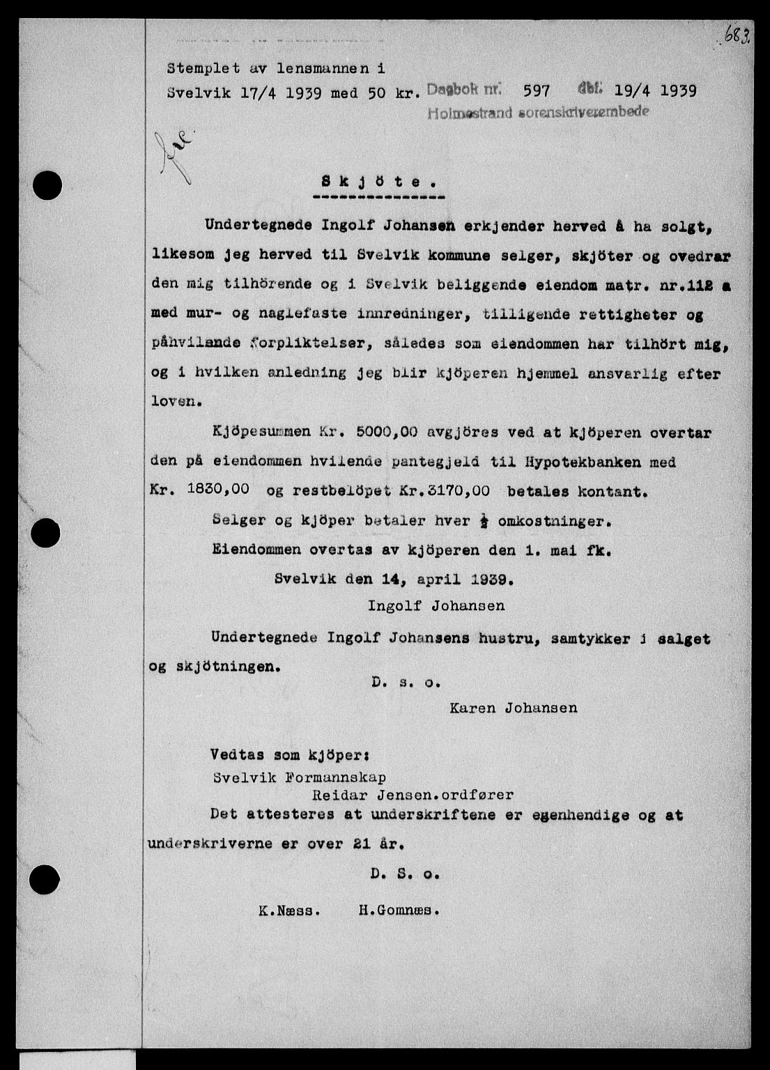 Holmestrand sorenskriveri, SAKO/A-67/G/Ga/Gaa/L0050: Pantebok nr. A-50, 1938-1939, Dagboknr: 597/1939