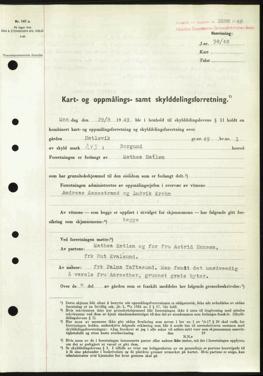 Nordre Sunnmøre sorenskriveri, SAT/A-0006/1/2/2C/2Ca: Pantebok nr. A32, 1949-1949, Dagboknr: 2588/1949