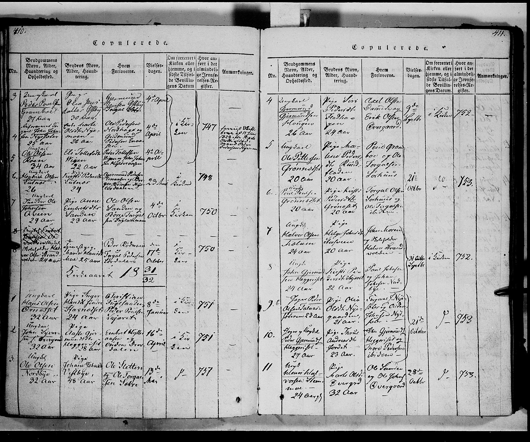 Trysil prestekontor, SAH/PREST-046/H/Ha/Haa/L0003: Ministerialbok nr. 3 /1, 1814-1841, s. 410-411