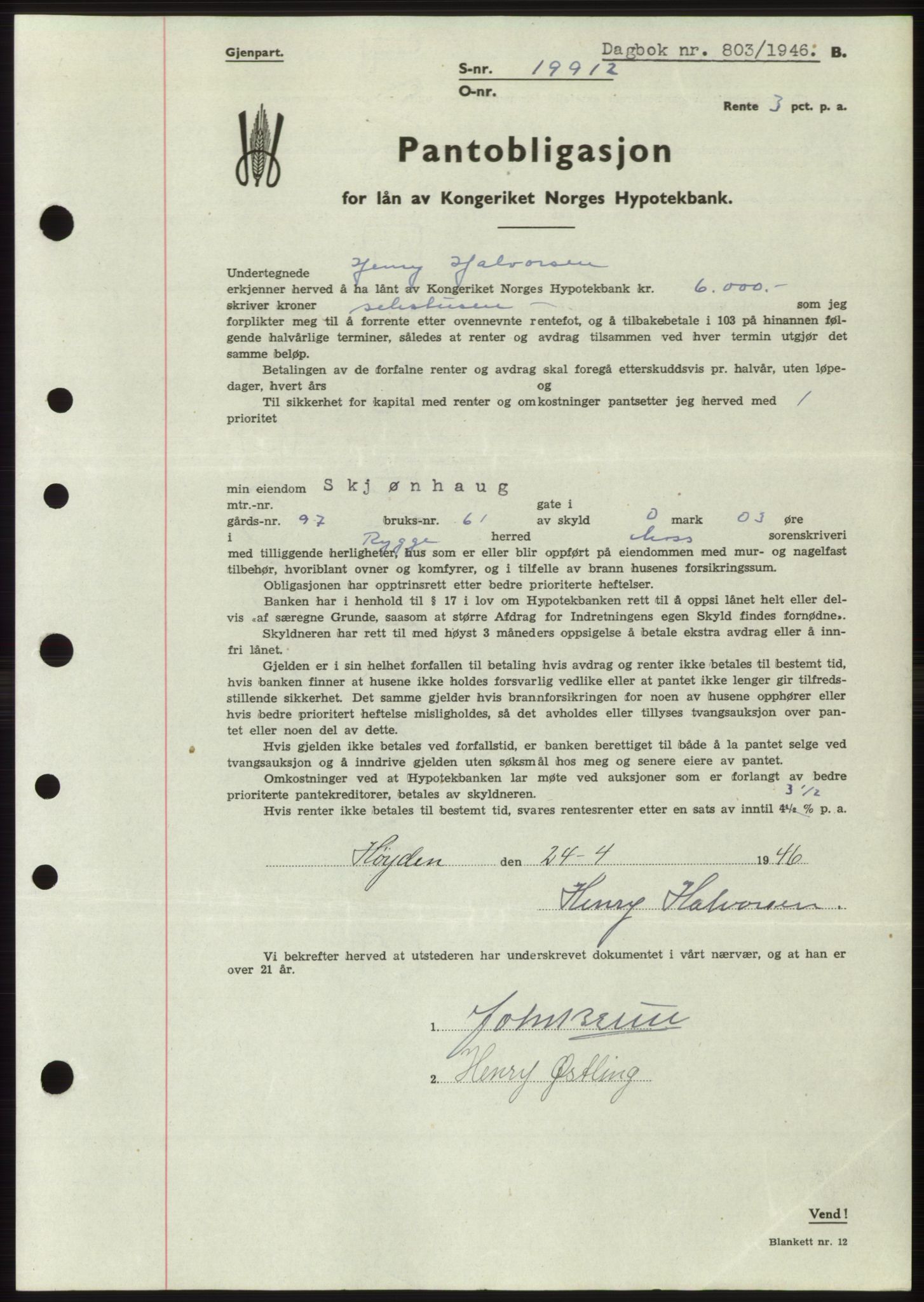 Moss sorenskriveri, SAO/A-10168: Pantebok nr. B15, 1946-1946, Dagboknr: 803/1946