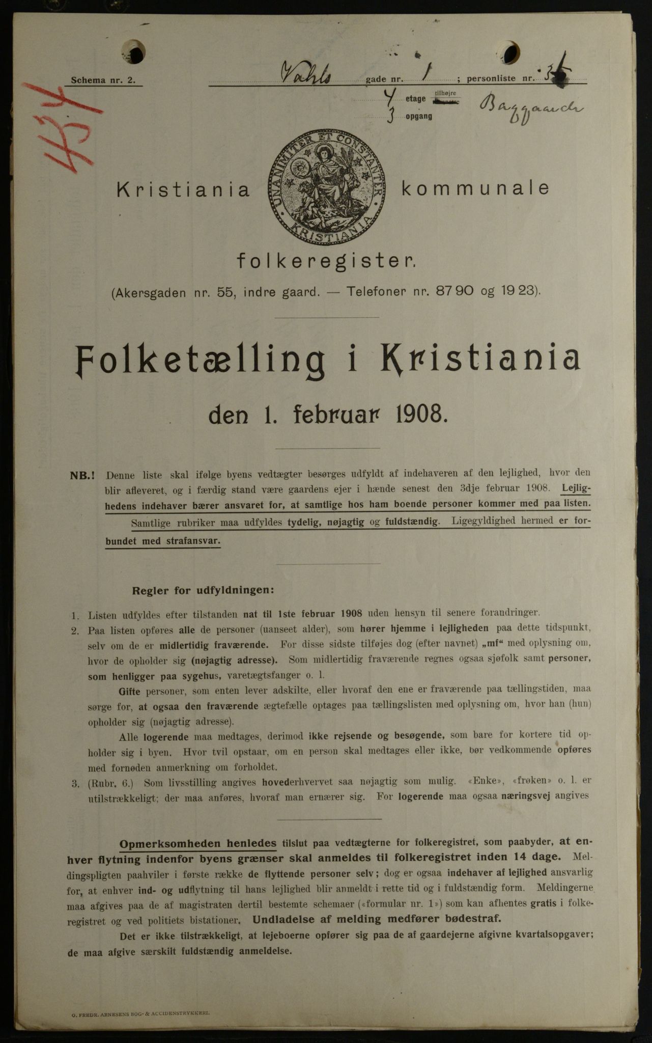 OBA, Kommunal folketelling 1.2.1908 for Kristiania kjøpstad, 1908, s. 108999