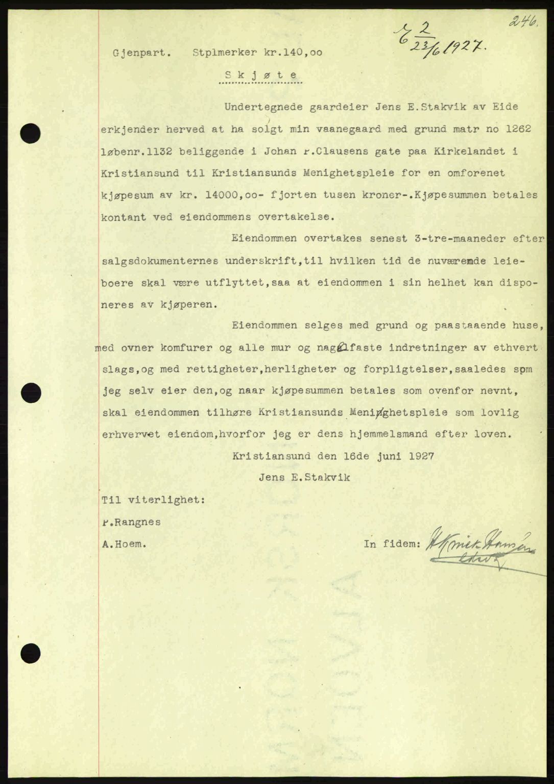 Kristiansund byfogd, AV/SAT-A-4587/A/27: Pantebok nr. 21, 1926-1928, Tingl.dato: 23.06.1927