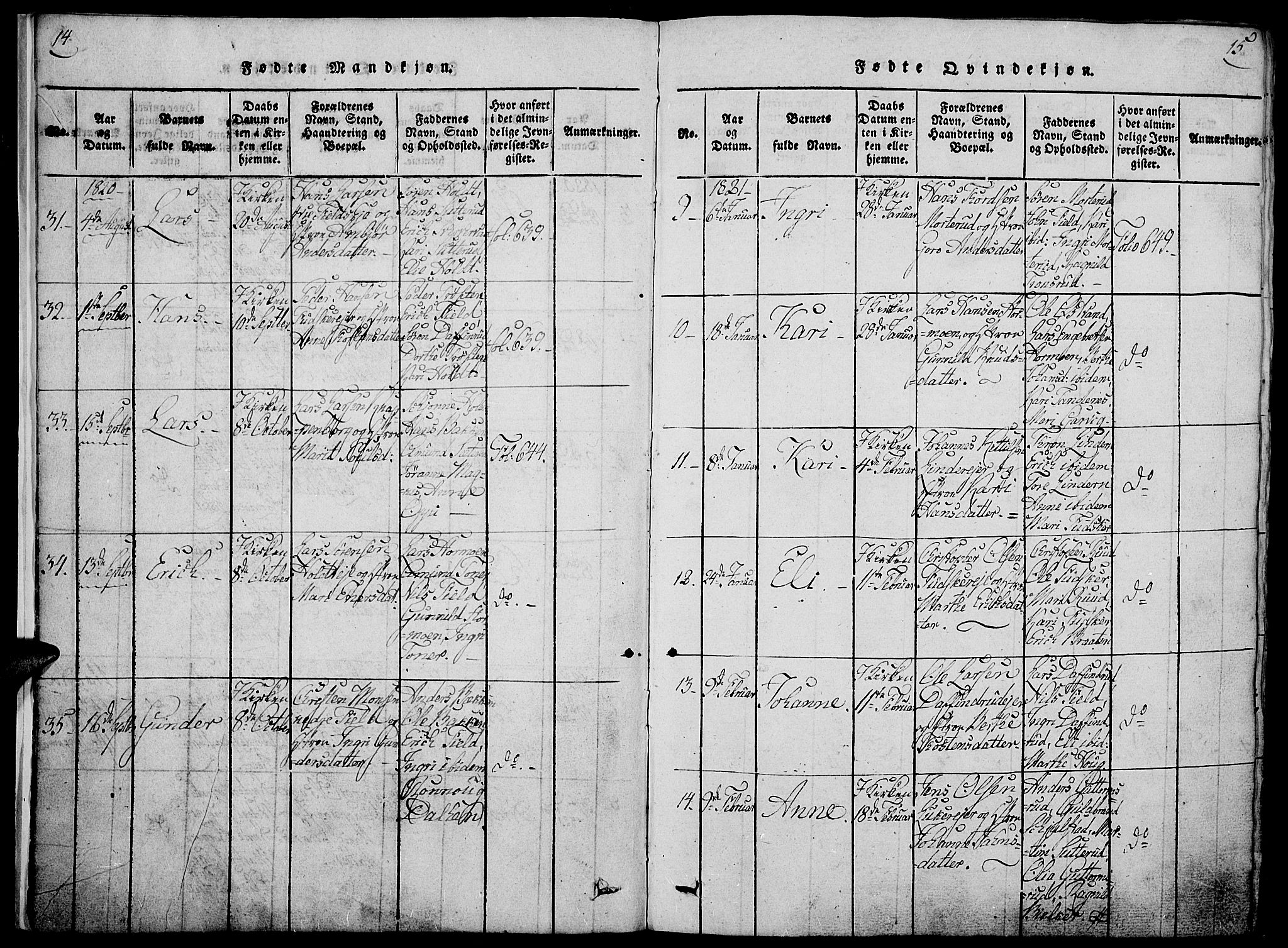 Nord-Odal prestekontor, AV/SAH-PREST-032/H/Ha/Haa/L0001: Ministerialbok nr. 1, 1819-1838, s. 14-15