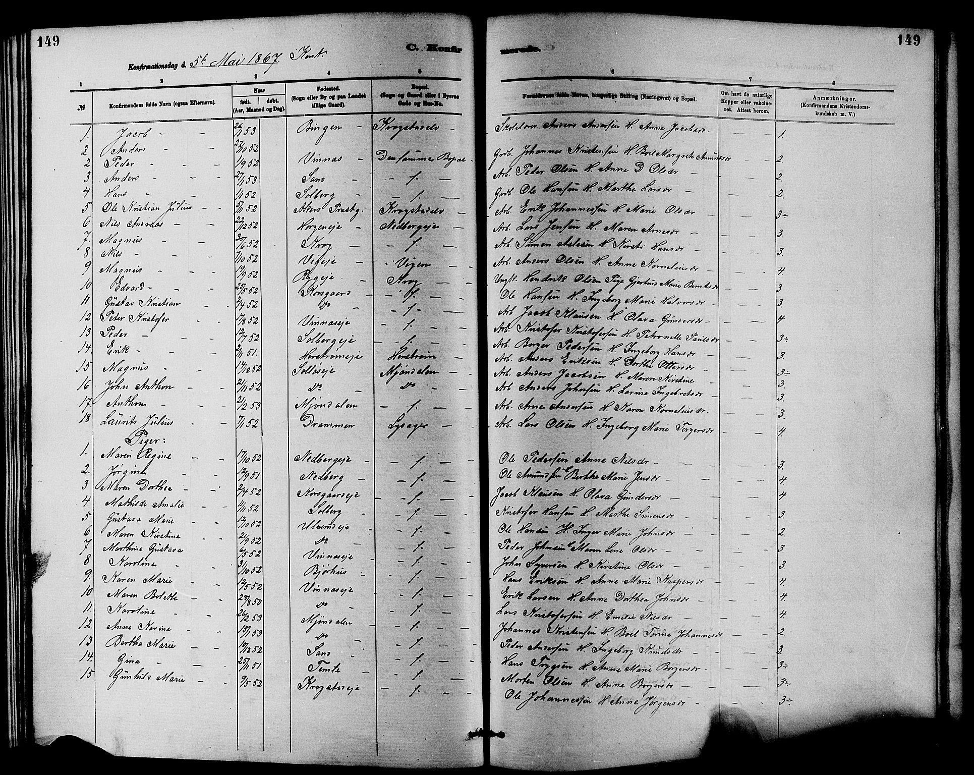 Nedre Eiker kirkebøker, AV/SAKO-A-612/F/Fa/L0001: Ministerialbok nr. 1, 1853-1877, s. 149