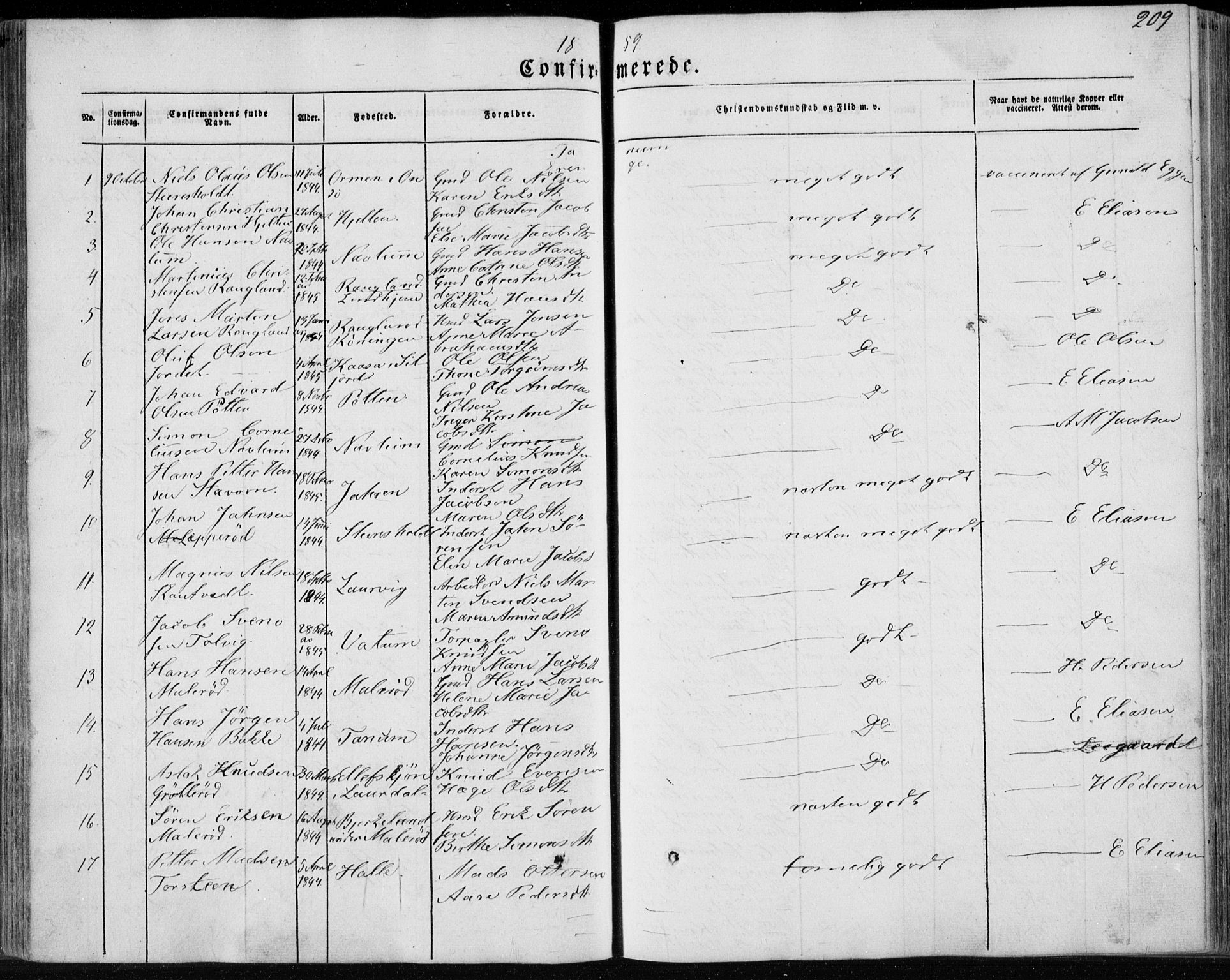 Brunlanes kirkebøker, AV/SAKO-A-342/F/Fa/L0004: Ministerialbok nr. I 4, 1846-1862, s. 209