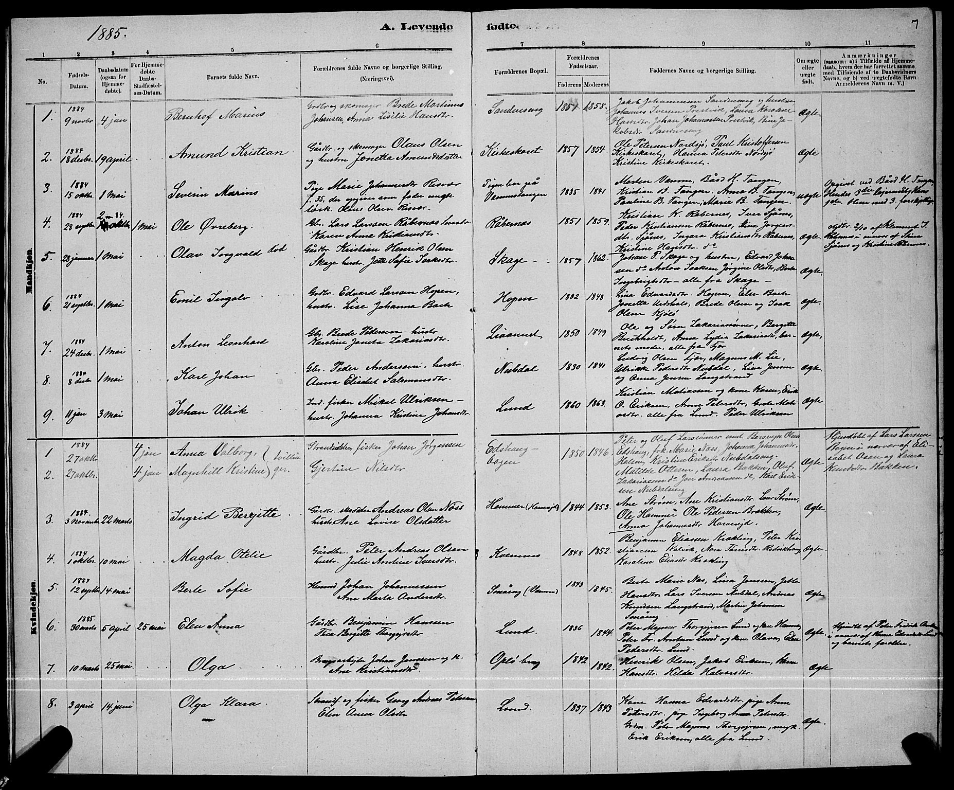 Ministerialprotokoller, klokkerbøker og fødselsregistre - Nord-Trøndelag, SAT/A-1458/780/L0651: Klokkerbok nr. 780C03, 1884-1898, s. 7