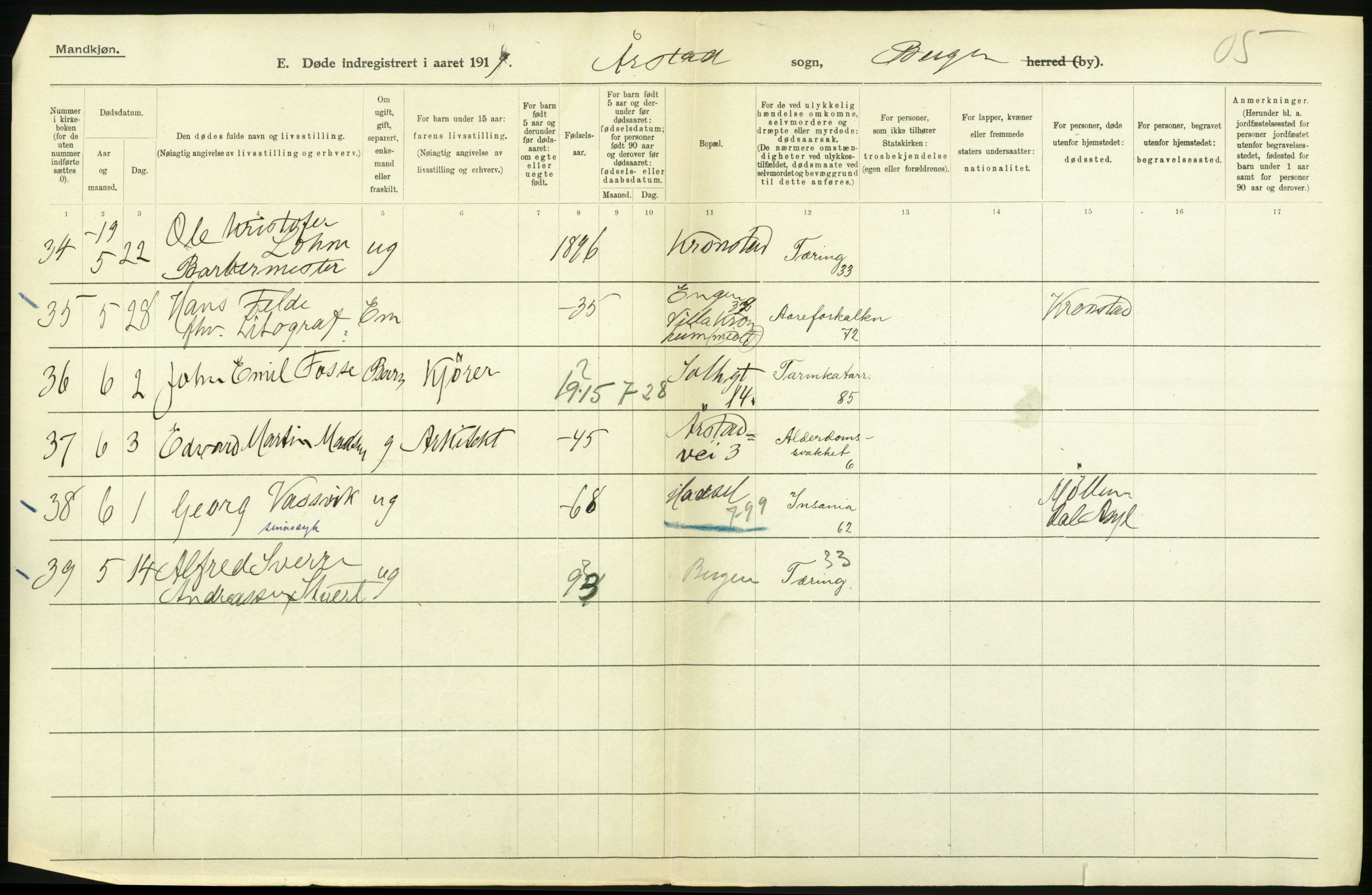 Statistisk sentralbyrå, Sosiodemografiske emner, Befolkning, AV/RA-S-2228/D/Df/Dfb/Dfbi/L0035: Bergen: Gifte, døde, dødfødte., 1919, s. 464