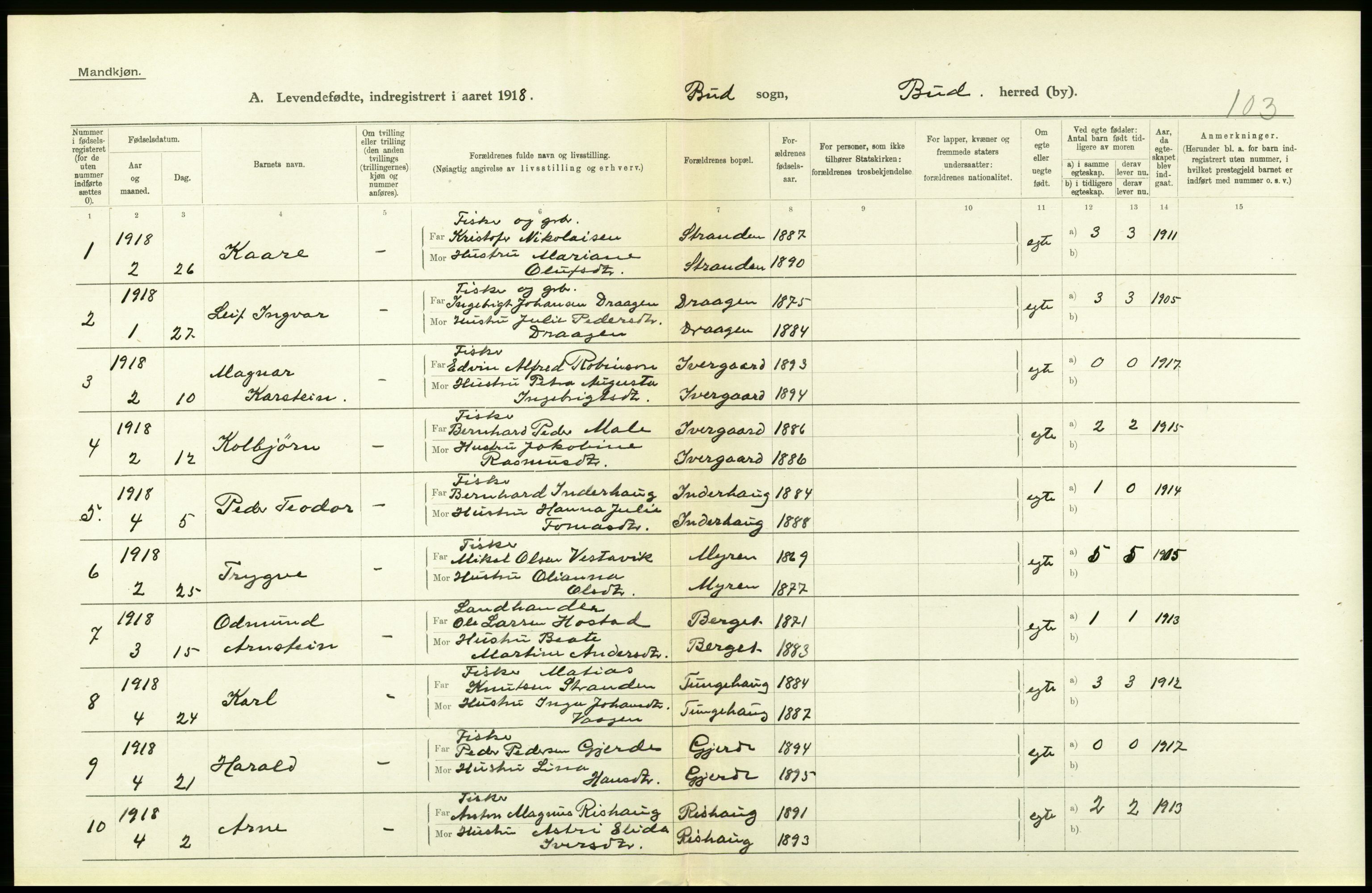 Statistisk sentralbyrå, Sosiodemografiske emner, Befolkning, RA/S-2228/D/Df/Dfb/Dfbh/L0043: Møre fylke: Levendefødte menn og kvinner. Bygder., 1918, s. 608