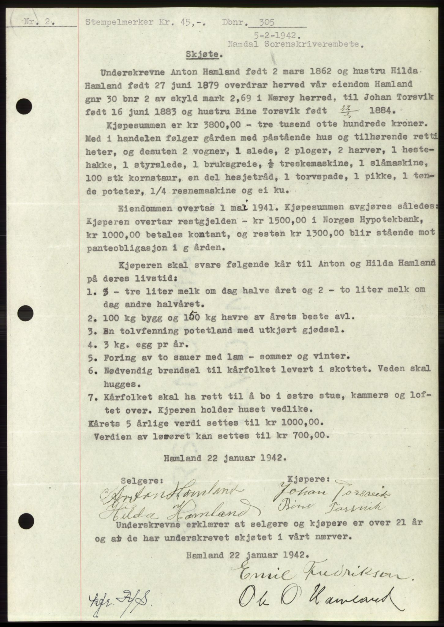 Namdal sorenskriveri, SAT/A-4133/1/2/2C: Pantebok nr. -, 1941-1942, Dagboknr: 305/1942