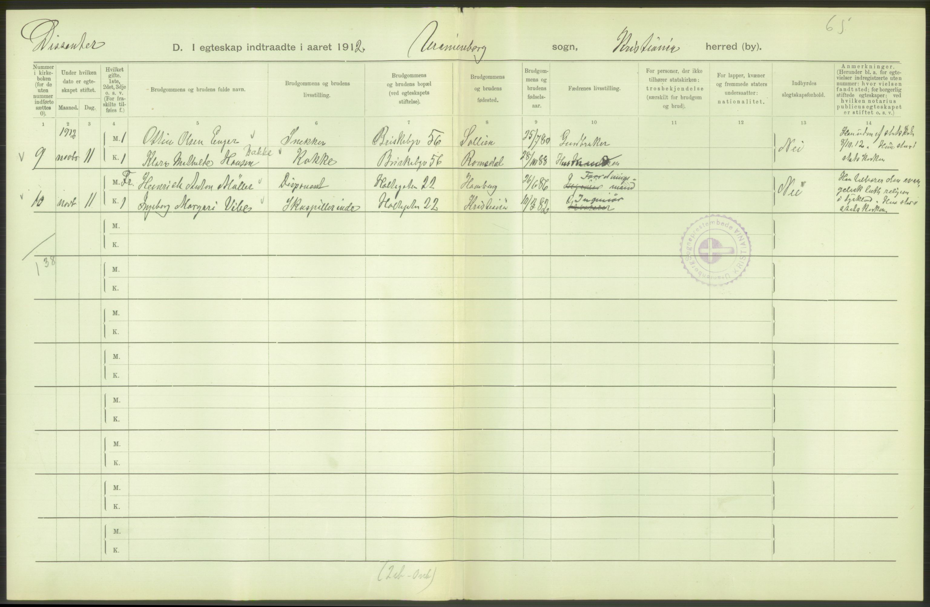 Statistisk sentralbyrå, Sosiodemografiske emner, Befolkning, RA/S-2228/D/Df/Dfb/Dfbb/L0008: Kristiania: Gifte, 1912, s. 540