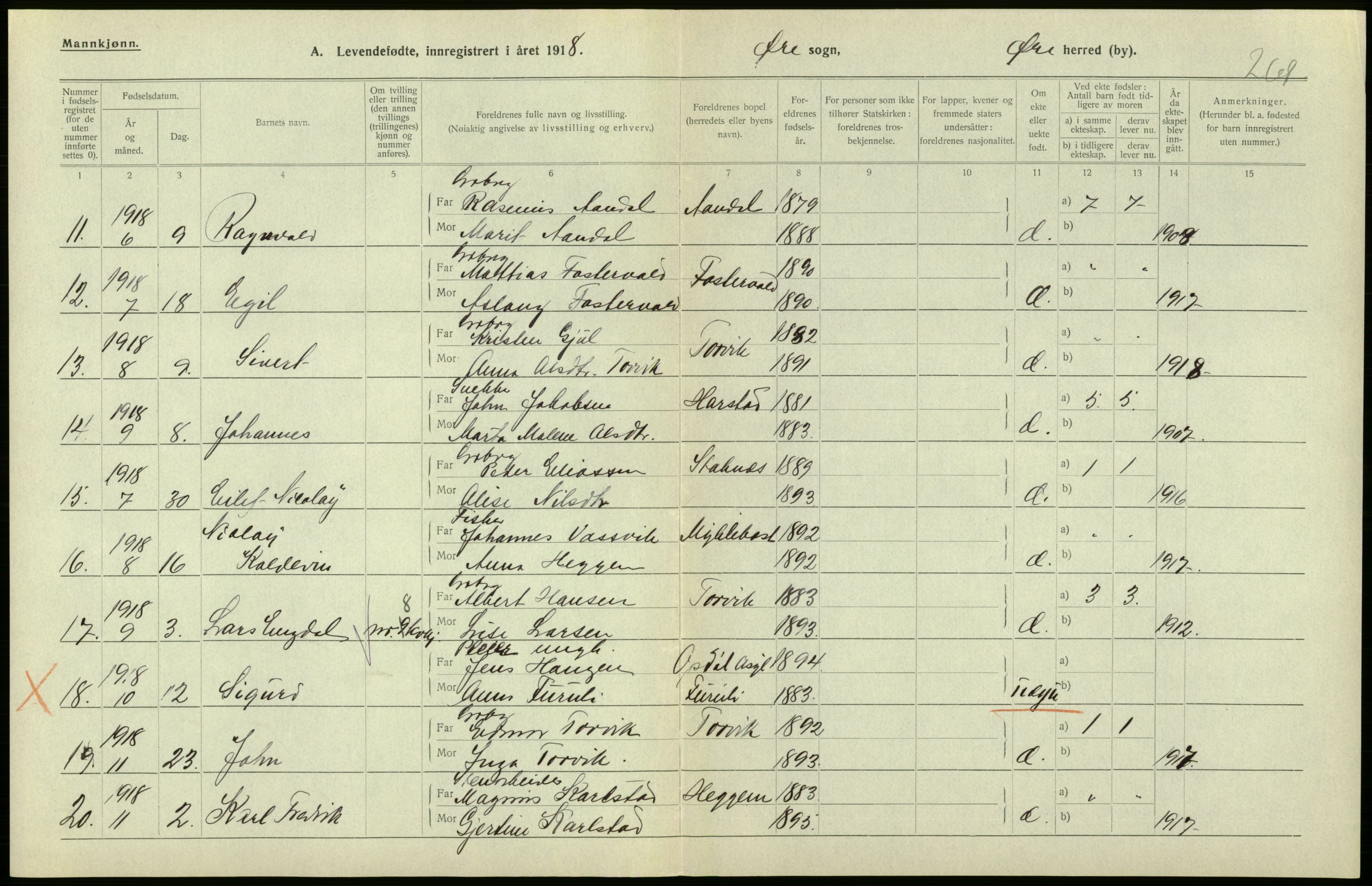 Statistisk sentralbyrå, Sosiodemografiske emner, Befolkning, RA/S-2228/D/Df/Dfb/Dfbh/L0043: Møre fylke: Levendefødte menn og kvinner. Bygder., 1918, s. 440