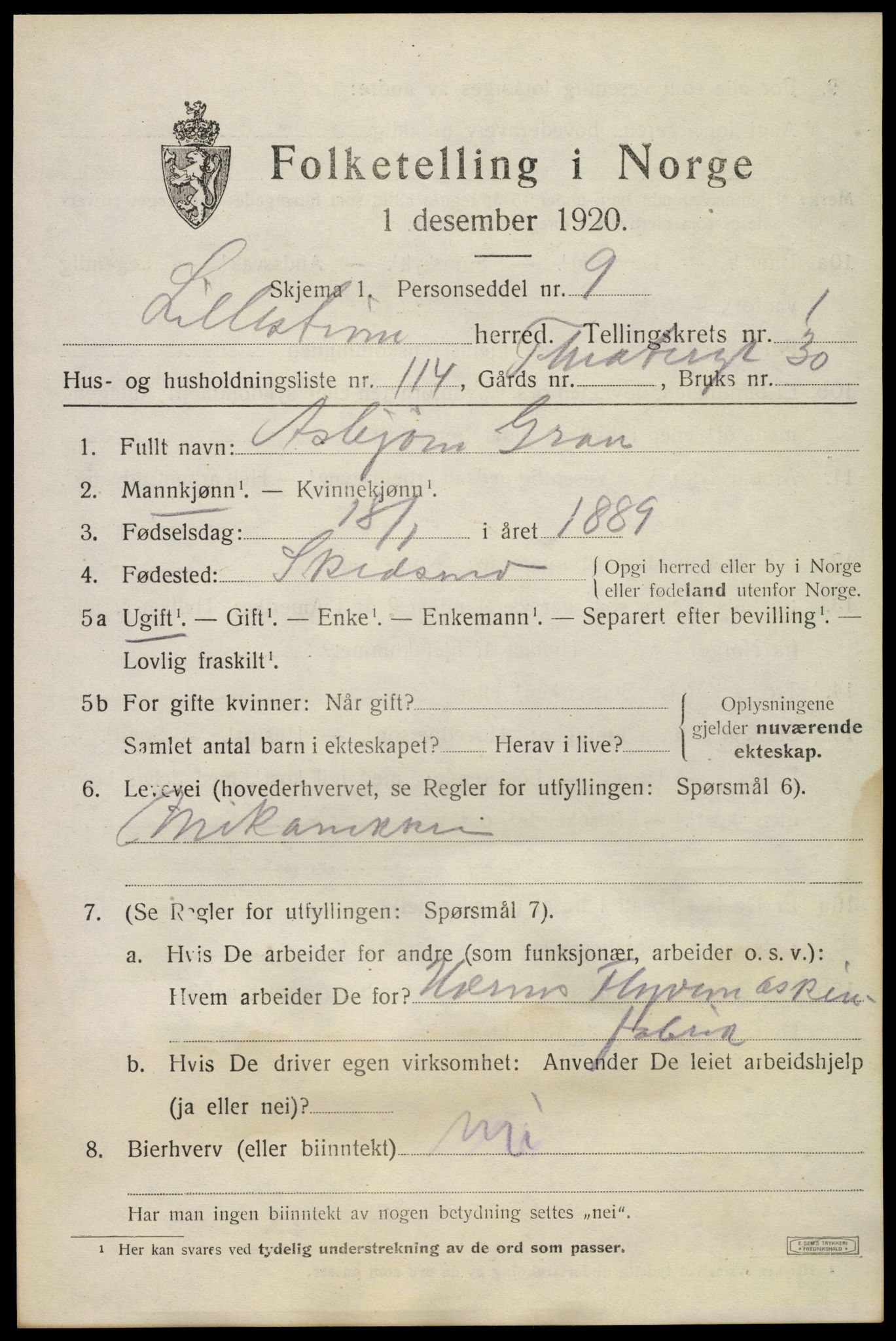 SAO, Folketelling 1920 for 0232 Lillestrøm herred, 1920, s. 3308