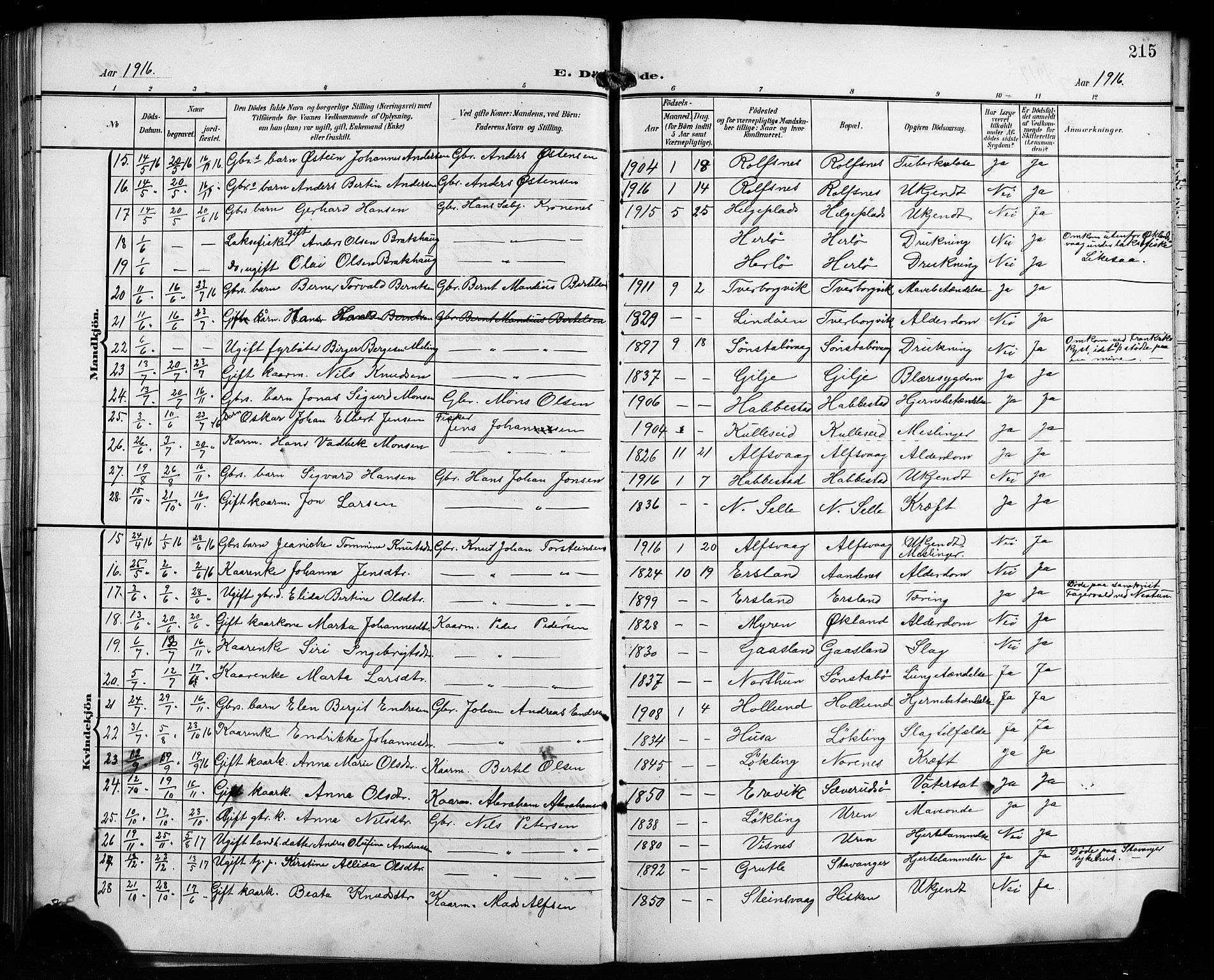 Finnås sokneprestembete, AV/SAB-A-99925/H/Ha/Hab/Habb/L0005: Klokkerbok nr. B 5, 1907-1920, s. 215