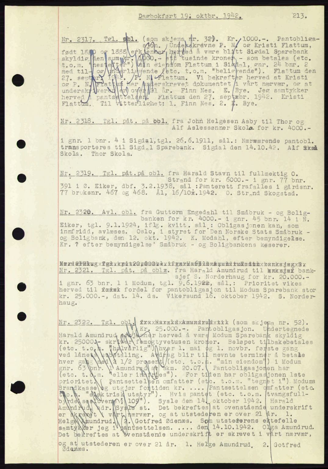 Eiker, Modum og Sigdal sorenskriveri, SAKO/A-123/G/Ga/Gab/L0047: Pantebok nr. A17, 1942-1943, Dagboknr: 2317/1942