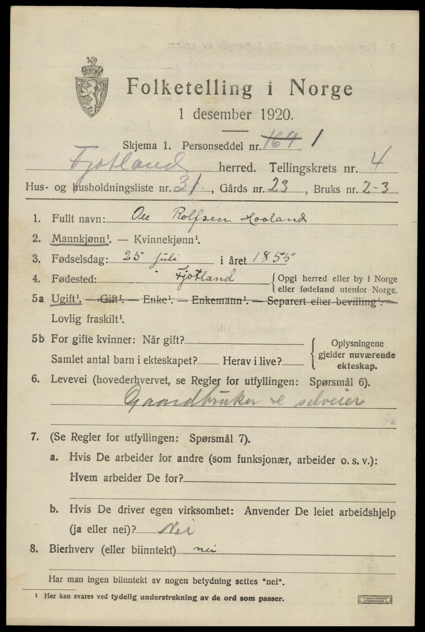 SAK, Folketelling 1920 for 1036 Fjotland herred, 1920, s. 1524