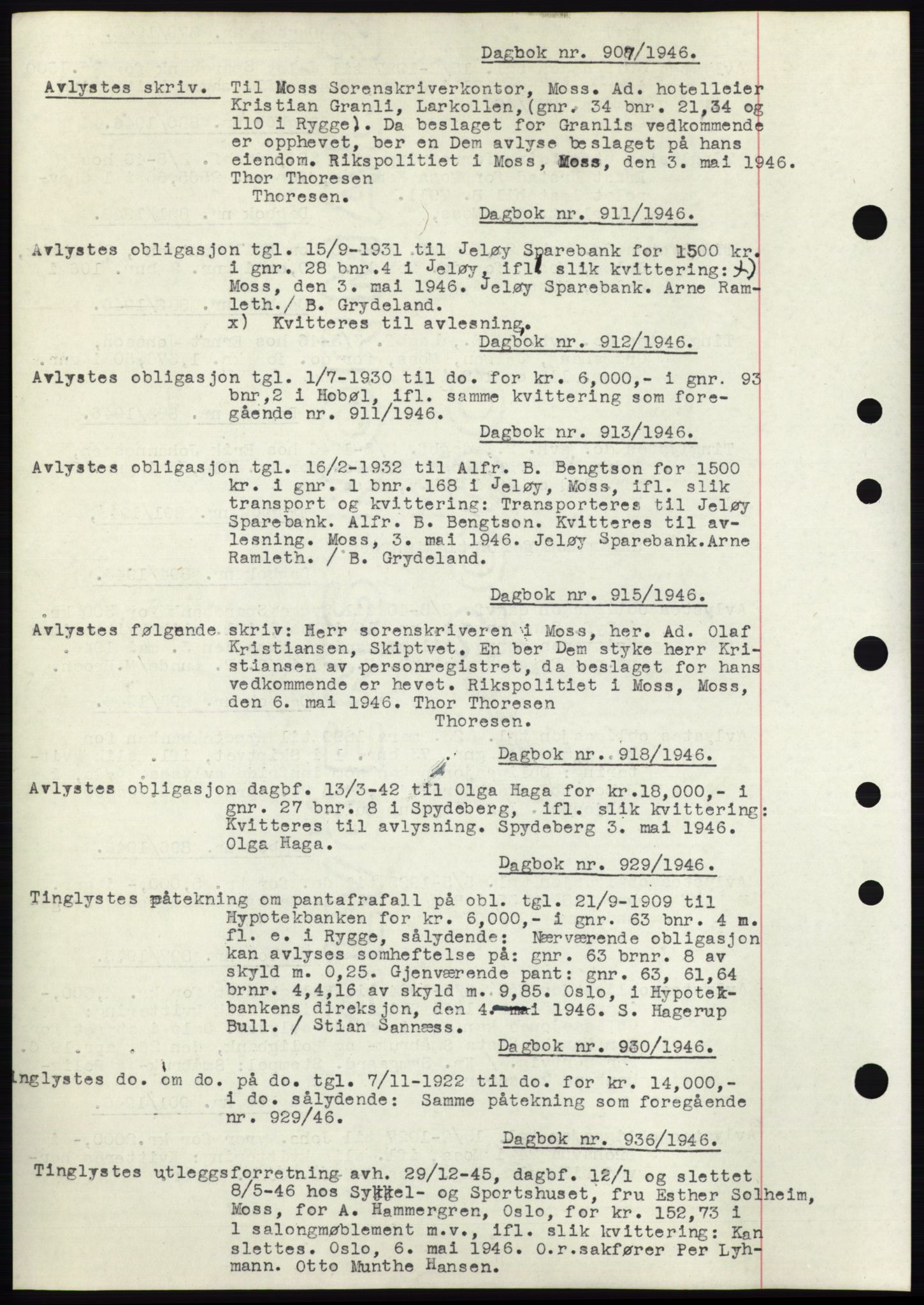Moss sorenskriveri, SAO/A-10168: Pantebok nr. C10, 1938-1950, Dagboknr: 907/1946