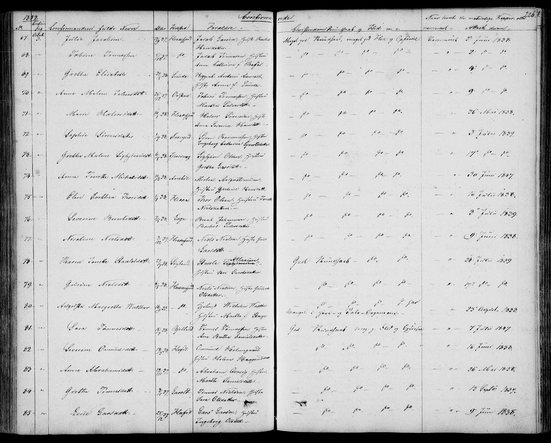 Flekkefjord sokneprestkontor, AV/SAK-1111-0012/F/Fb/Fbc/L0005: Klokkerbok nr. B 5, 1846-1866, s. 226