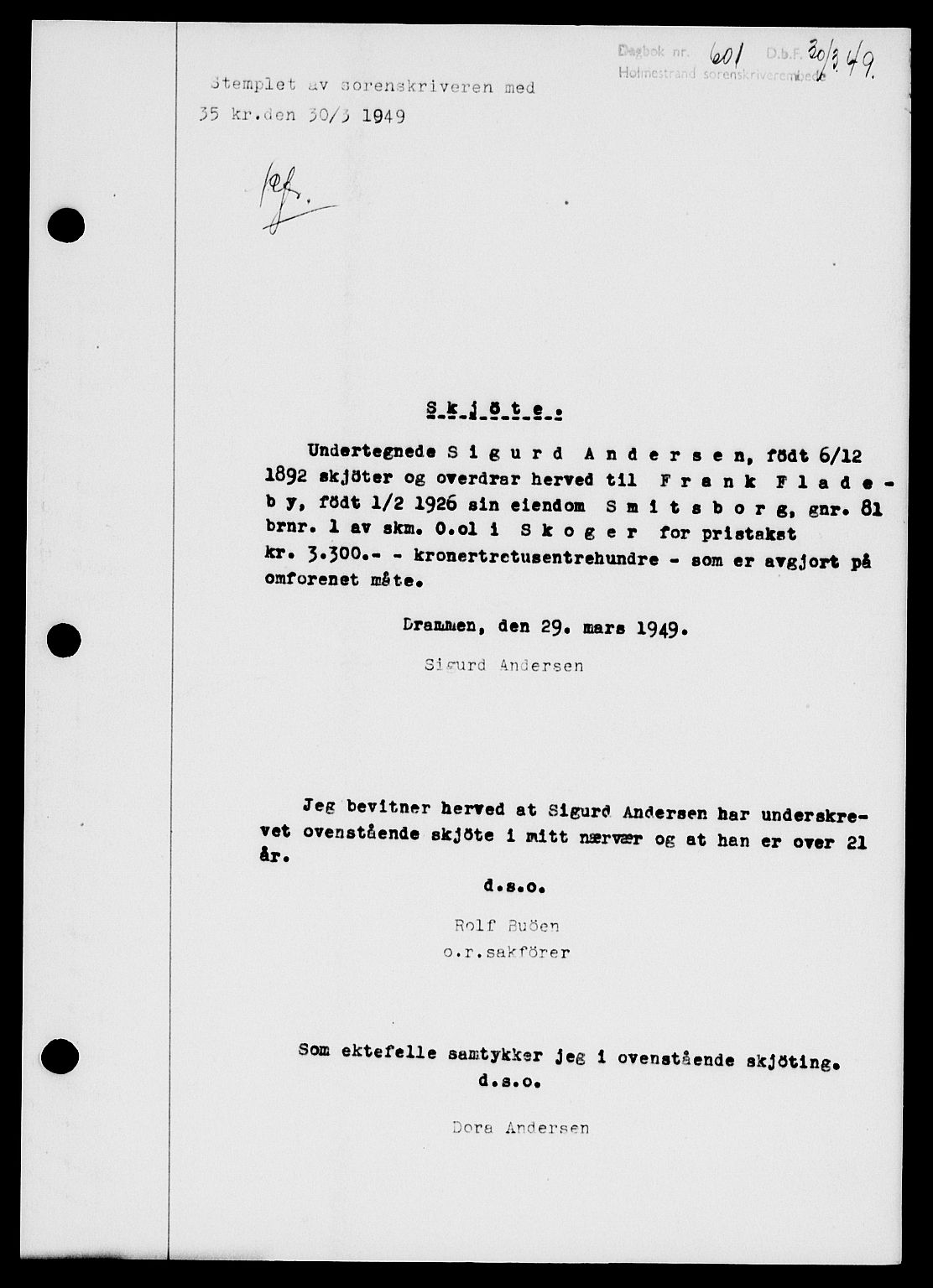 Holmestrand sorenskriveri, SAKO/A-67/G/Ga/Gaa/L0066: Pantebok nr. A-66, 1949-1949, Dagboknr: 601/1949